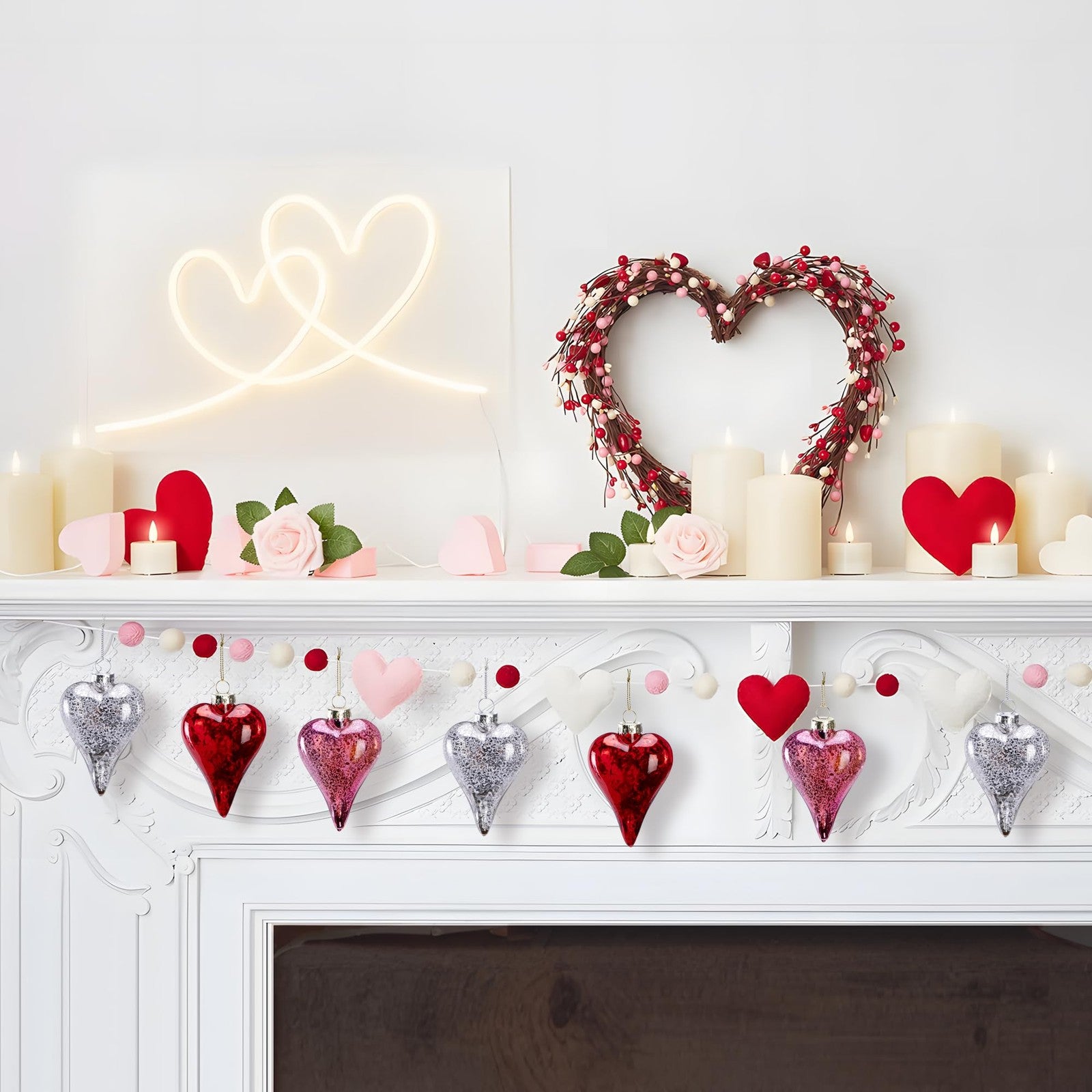 LFUTARI 12-piece Valentine’s Day heart glass ornaments in antique red, 3.5 inches, showcasing delicate, shiny glass craft.
