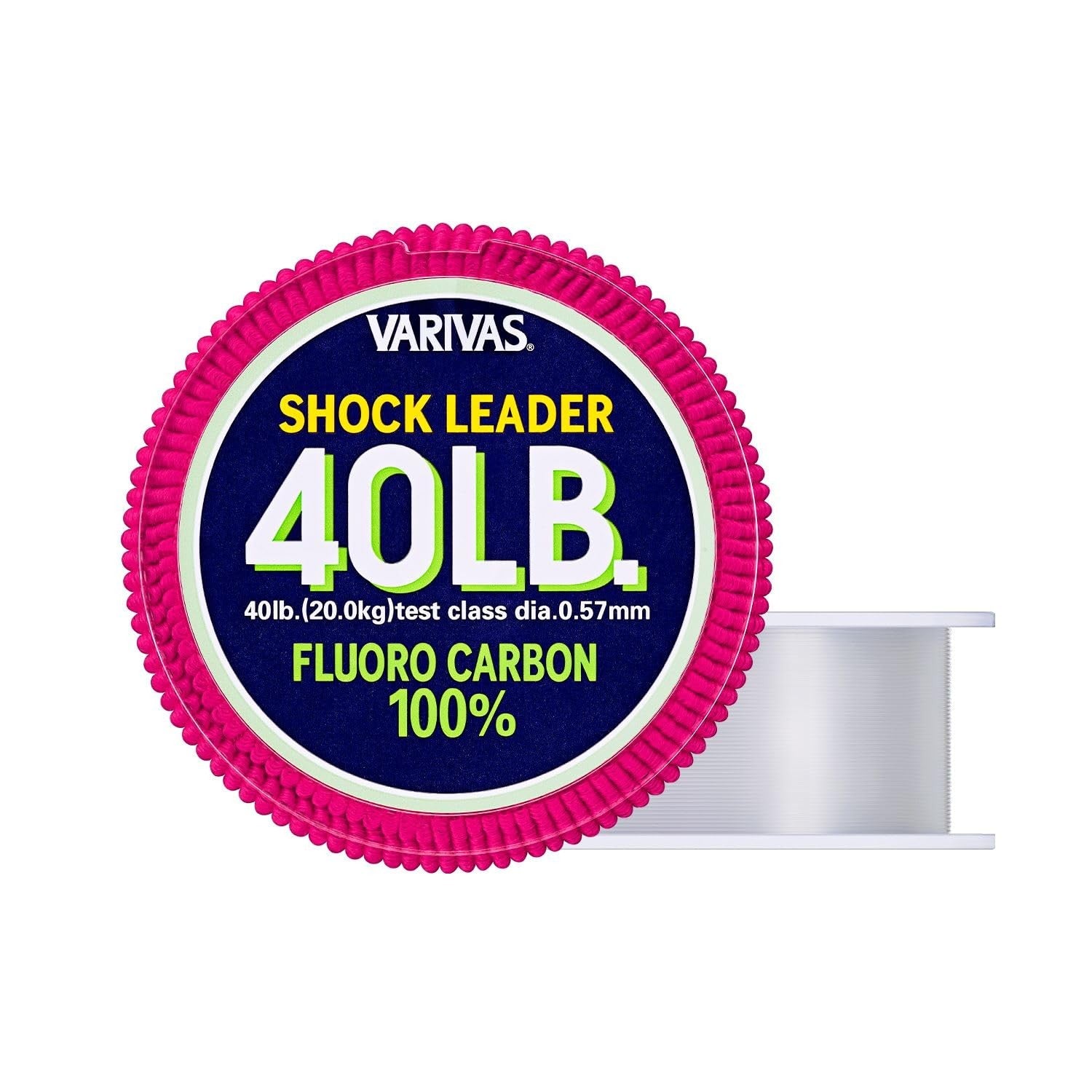 VARIVAS Shock Leader Fluorocarbon 40lb #12 spool showing clear, durable fishing line with detailed label and brand marking.