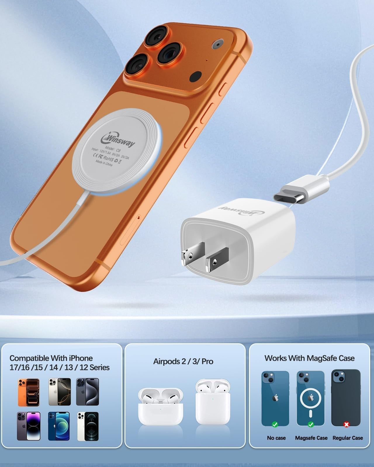 Winsway 2-pack magnetic wireless chargers with 15W fast charging pads and 20W PD plugs, shown with charging cables and device alignment.