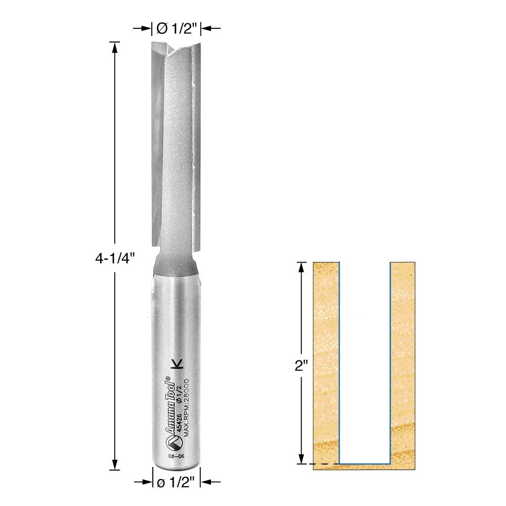 Amana Tool 45426 carbide-tipped straight plunge router bit, 1/2 inch diameter, 2-inch length, with sharp cutting edges for woodworking