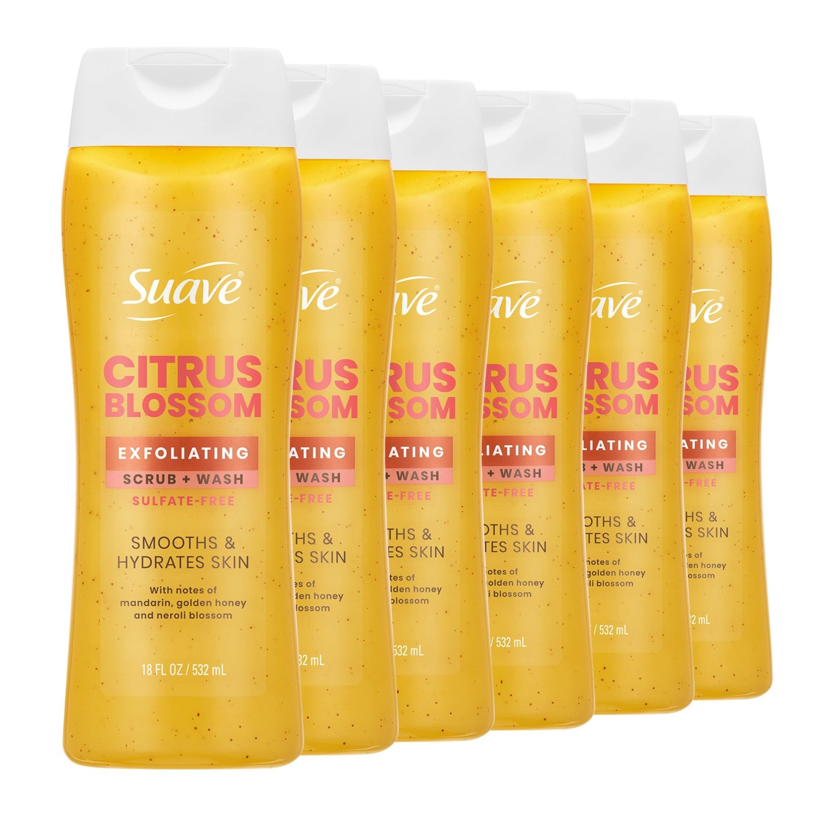 Suave Citrus Blossom exfoliating body wash and scrub with glycerin and vitamin E, showing the product bottle with citrus and floral design.