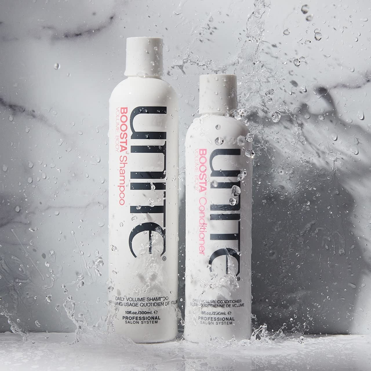 UNITE BOOSTA volumizing and hydrating conditioner for fine hair, showcasing its creamy formula and healthy hair texture.