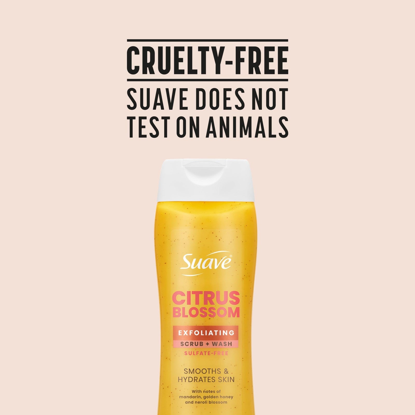 Suave Citrus Blossom exfoliating body wash and scrub with glycerin and vitamin E, showing a clear bottle with citrus scent product