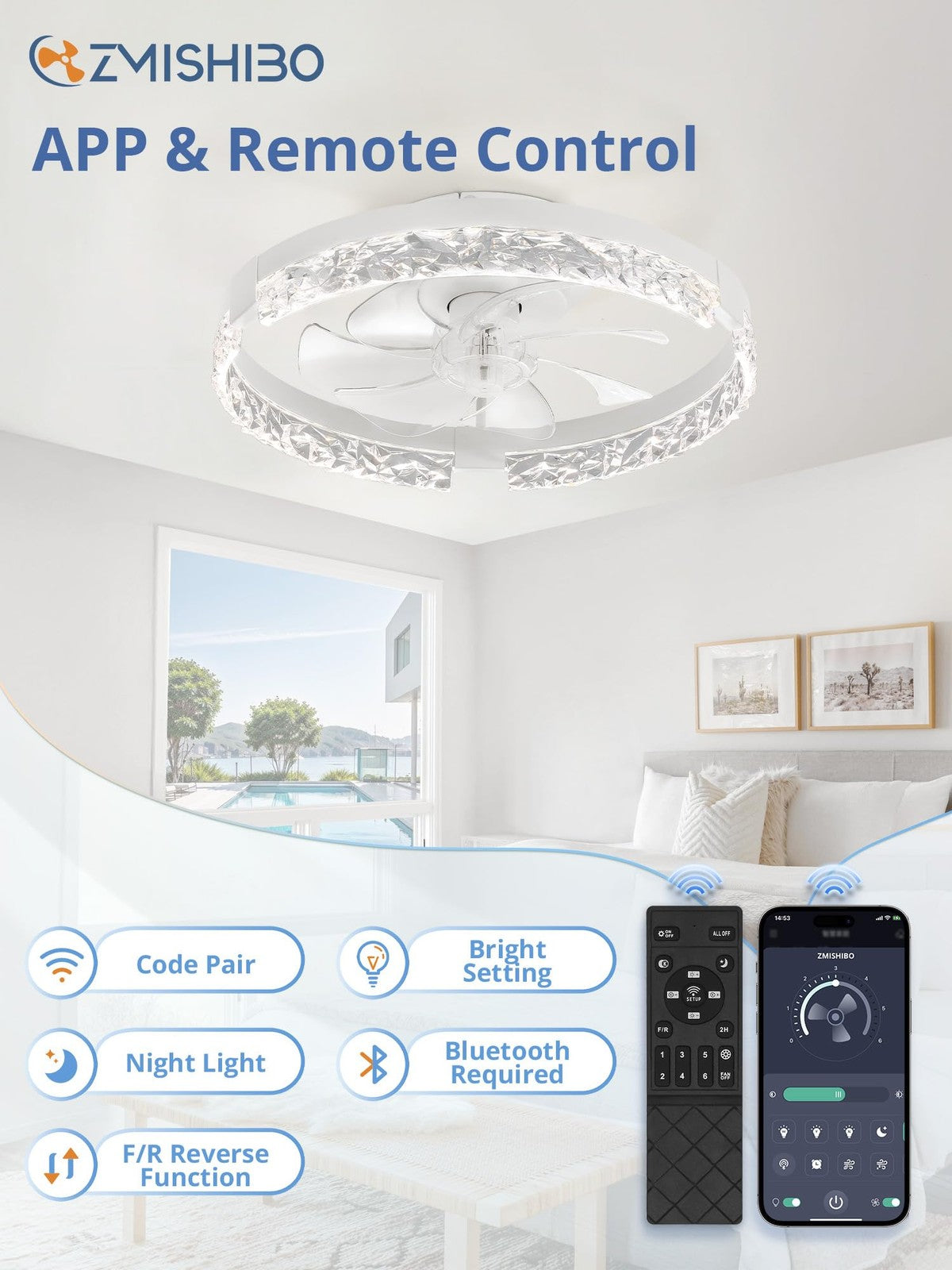 ZMISHIBO 18-inch ceiling fan with lights and remote control, flush mount design, featuring sleek modern style and six blades.