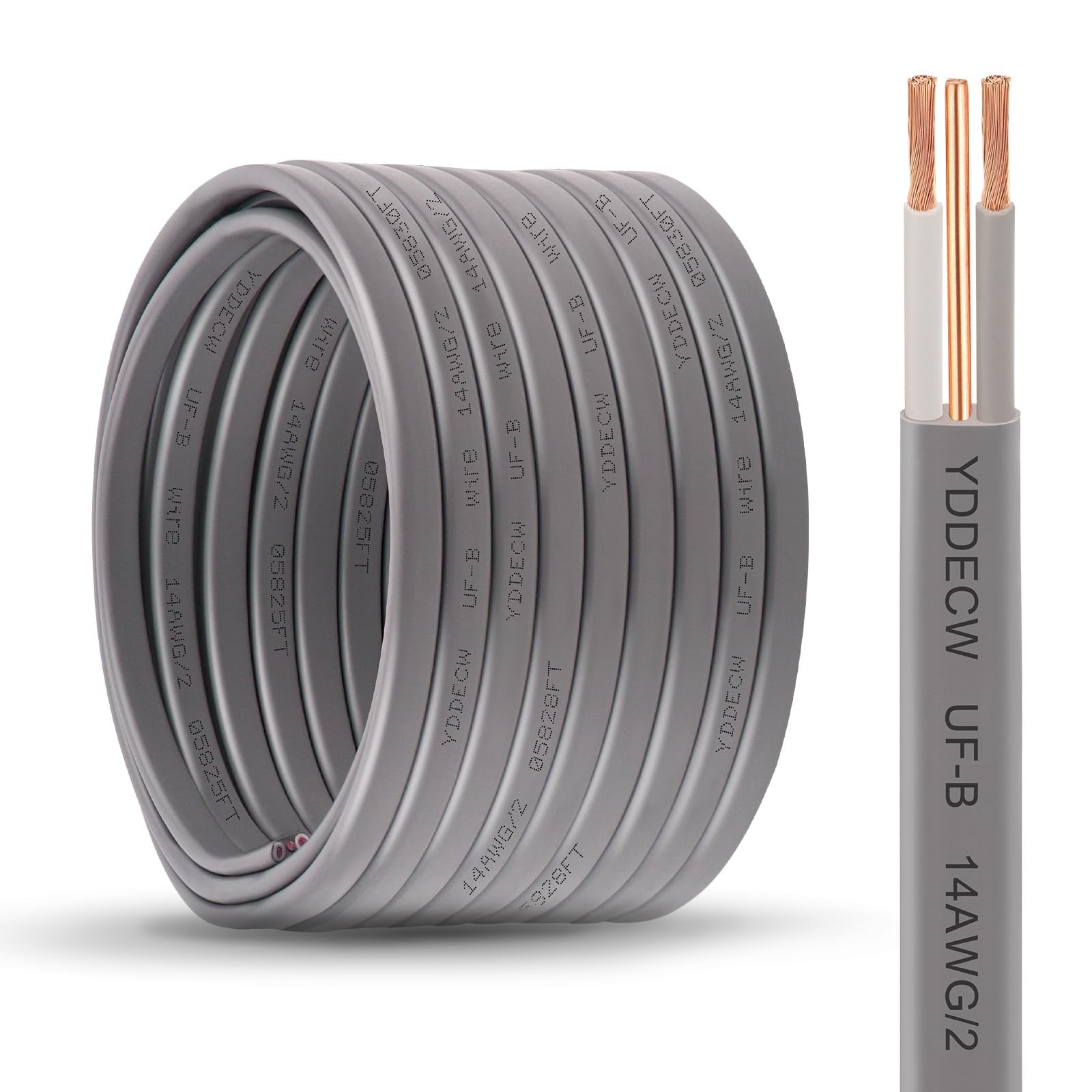 YDDECW 14/2 UF-B wire 50ft 14AWG pure copper electrical cable for underground and indoor use, showing the coiled cable.