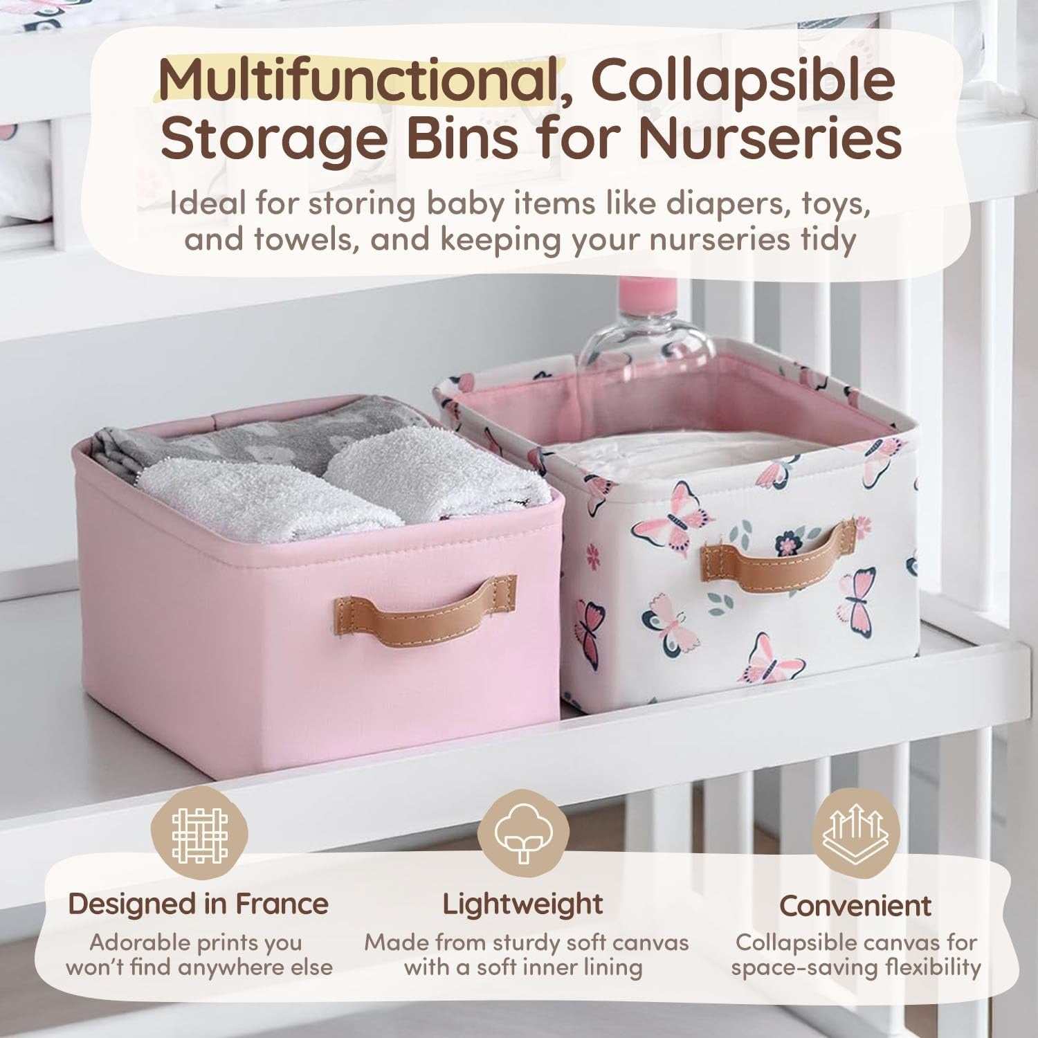 Pink fabric storage bins set with butterfly print, collapsible canvas nursery organizers