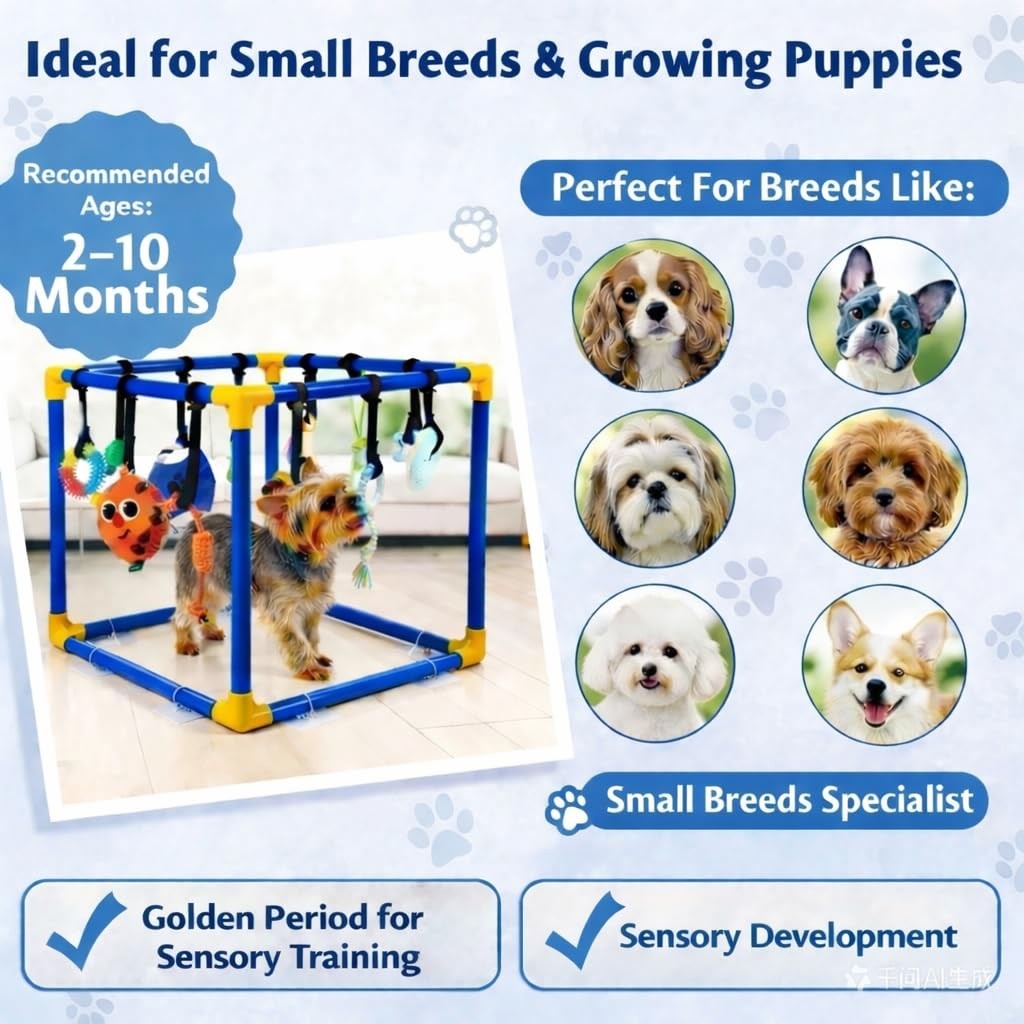 VYNALTIX puppy play gym with 16 toys, removable dog enrichment playground, interactive dog toy setup in a bright play area.