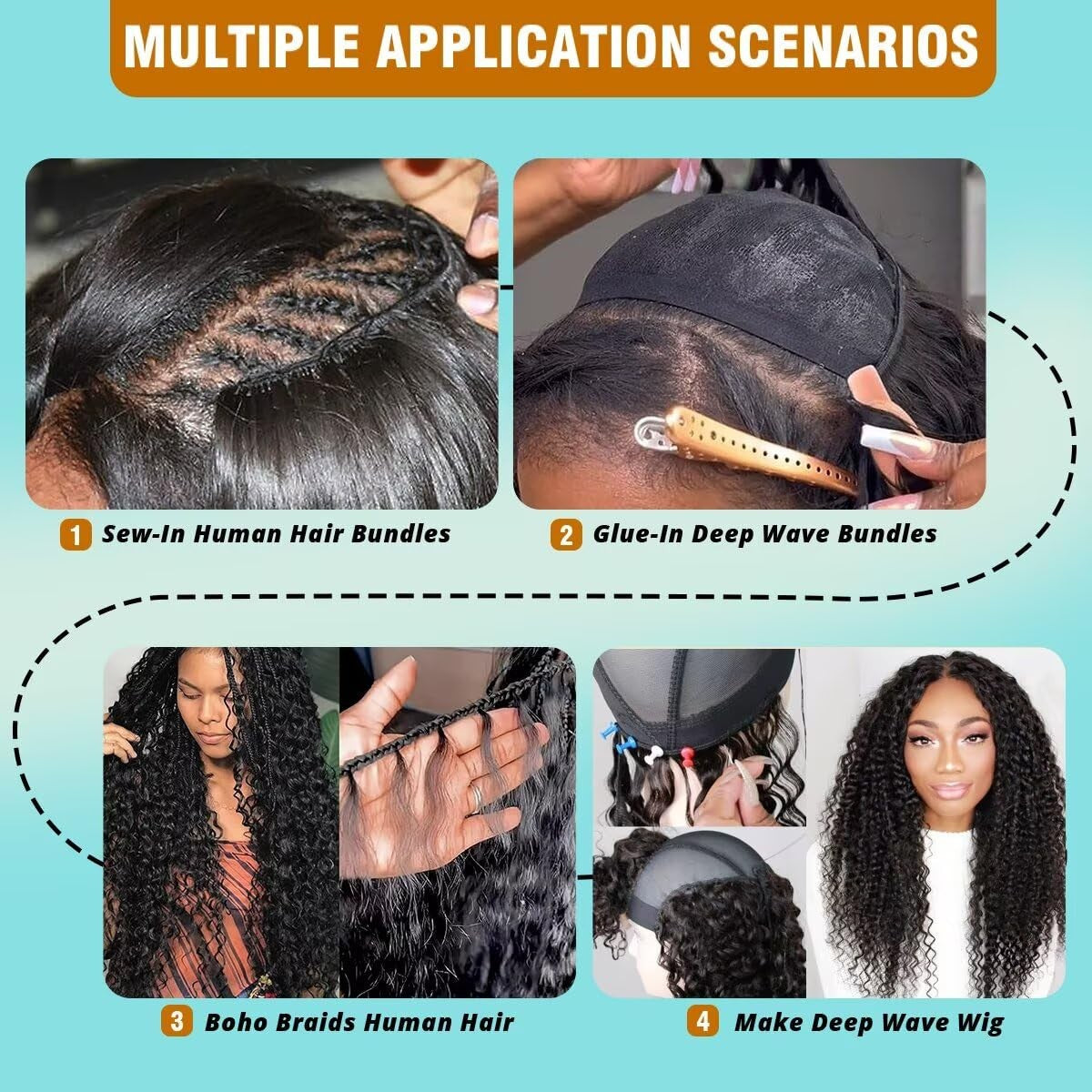 Cuzuzu 12A human hair bundles in deep wave, 22, 24, 26 inches, showing silky, curled hair bundles on a white background.