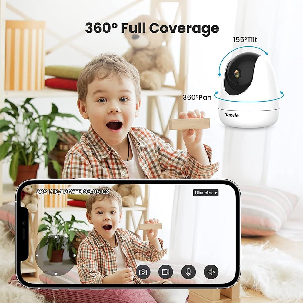 Tenda CP6 2K indoor wireless pan tilt camera for home security and baby monitoring, showing camera lens and adjustable tilt feature.