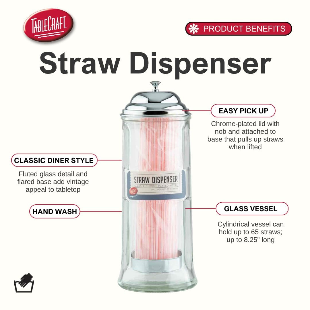 TableCraft glass straw dispenser with chrome plat finish, compact 4-3/8" x 4-3/8" x 11-1/8" tabletop accessory
