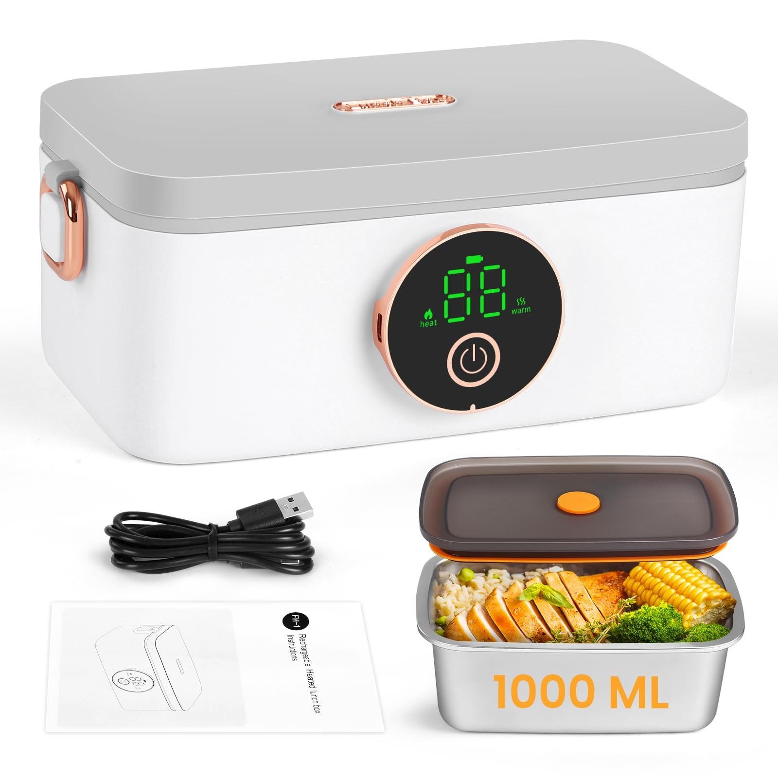 Iridesc self-heating lunch box with 1L capacity, battery-powered and automatic heat feature, shown with food inside.
