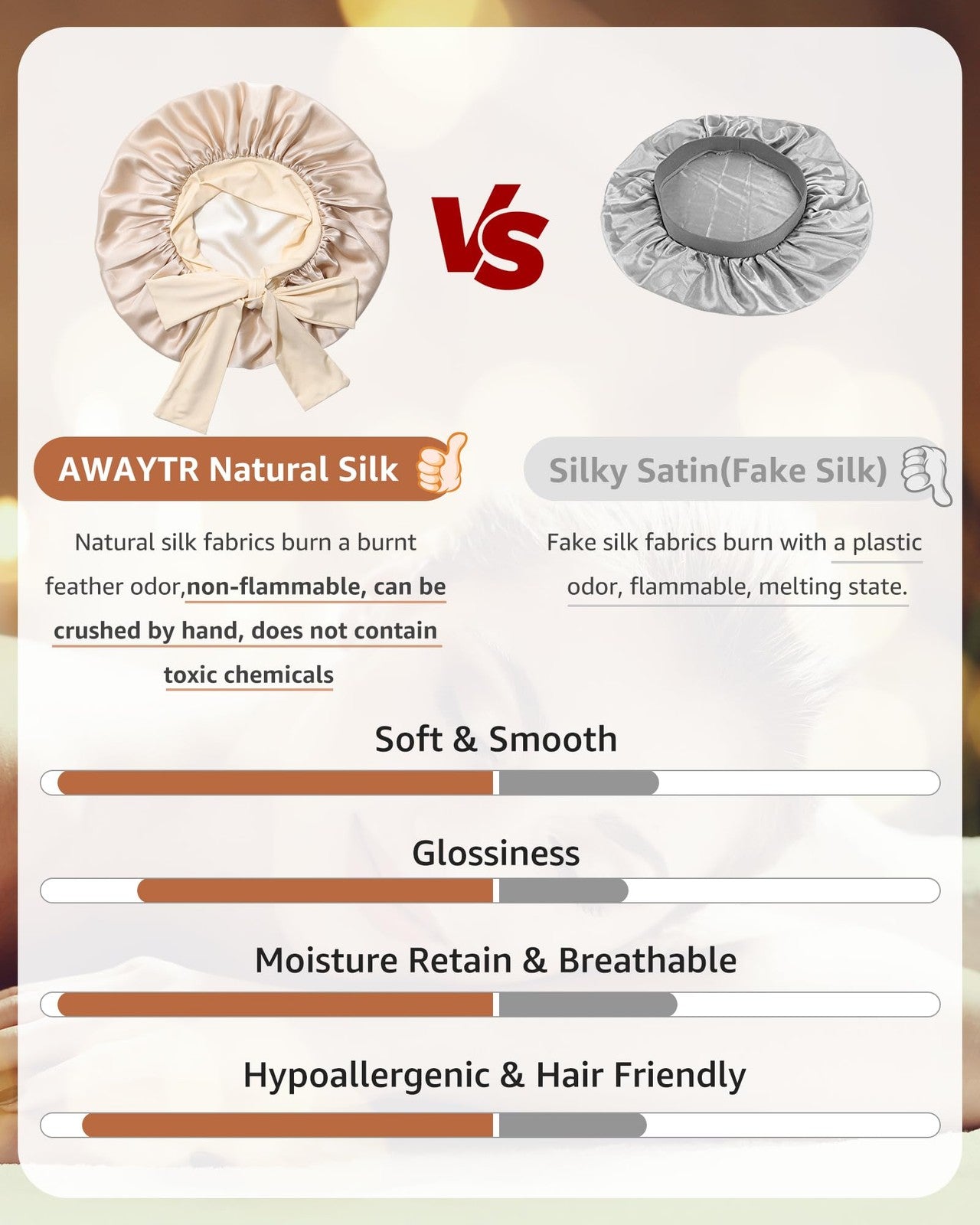 AWAYTR silk sleeping bonnet for women, 100% Mulberry silk with layered design and adjustable band, ideal for hair protection.