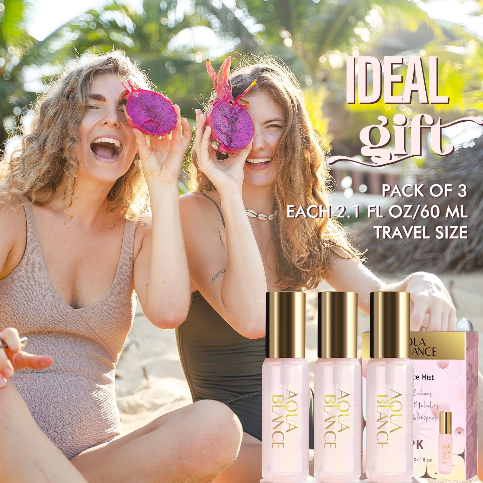 AQUA BLANCE body spray gift set with three 60ml travel mist fragrances for women, featuring sleek bottles and elegant packaging.