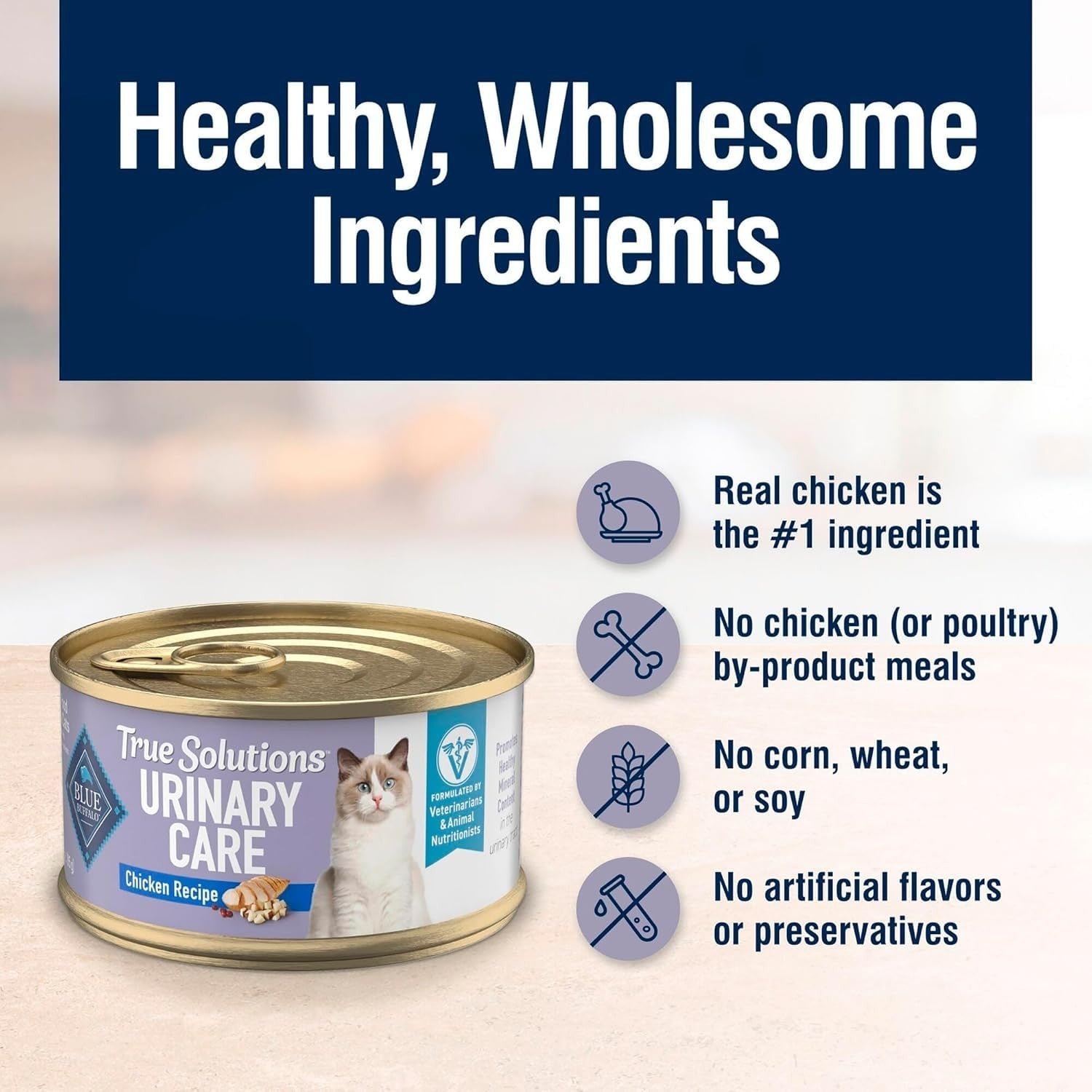 Blue Buffalo True Solutions Urinary Care wet cat food for adult cats with chicken, in a can showing the product label and food inside.