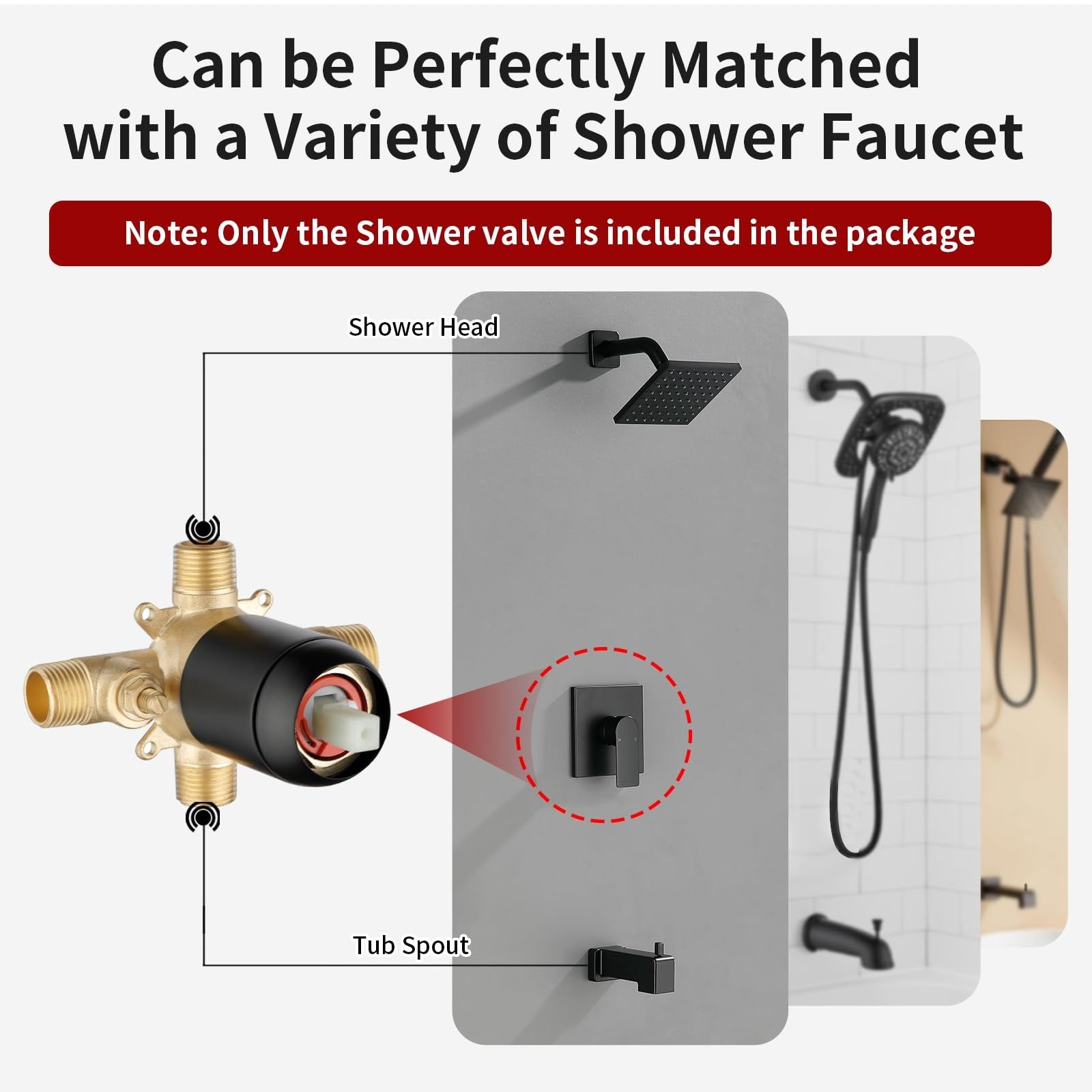 VIKASI matte black single-handle shower valve kit with trim for bathroom shower faucet setup, modern and sleek design
