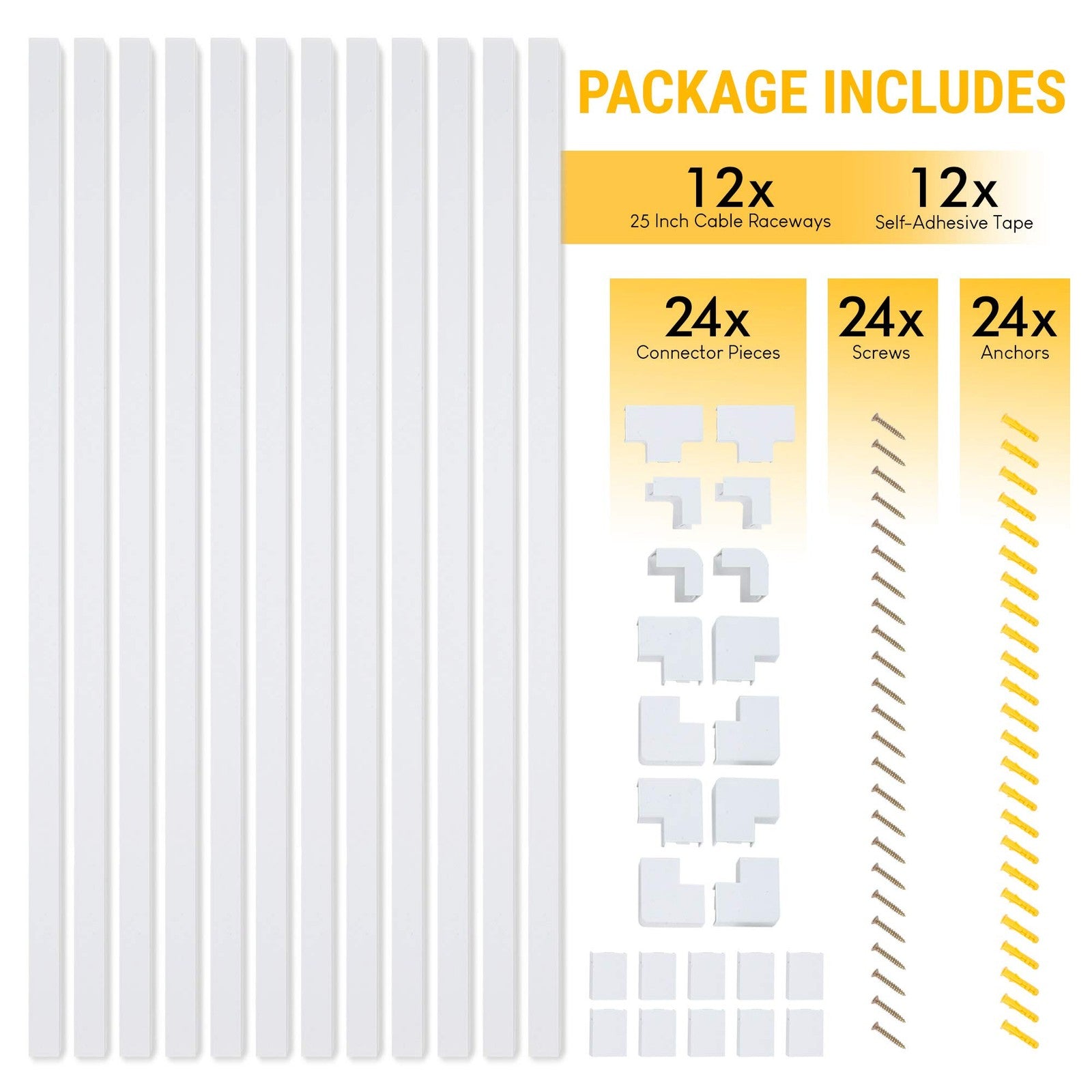Set of twelve 25-inch SimpleCord cable covers for on-wall cable management, totaling 300 inches of protective cord routing.