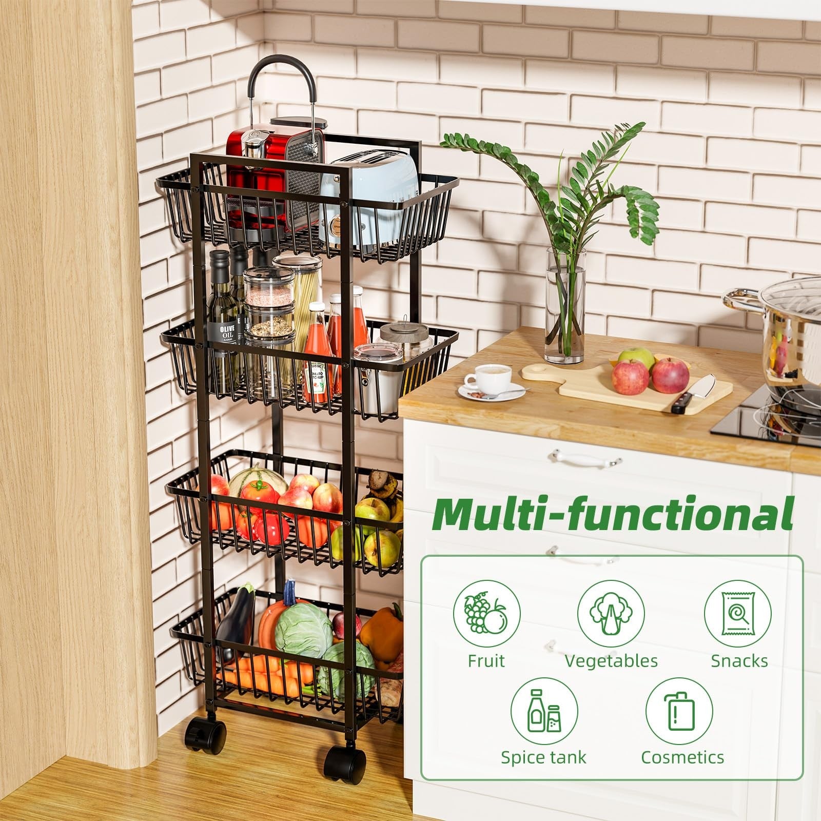 Simple Trending 4-tier rolling metal wire fruit and vegetable basket cart for kitchen storage with wheels and multiple tiers.
