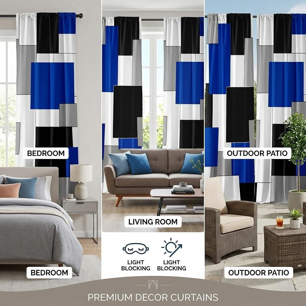 Xflingbao blue and black geometric curtains for living room, 84-inch length, stylish window treatment with modern design.