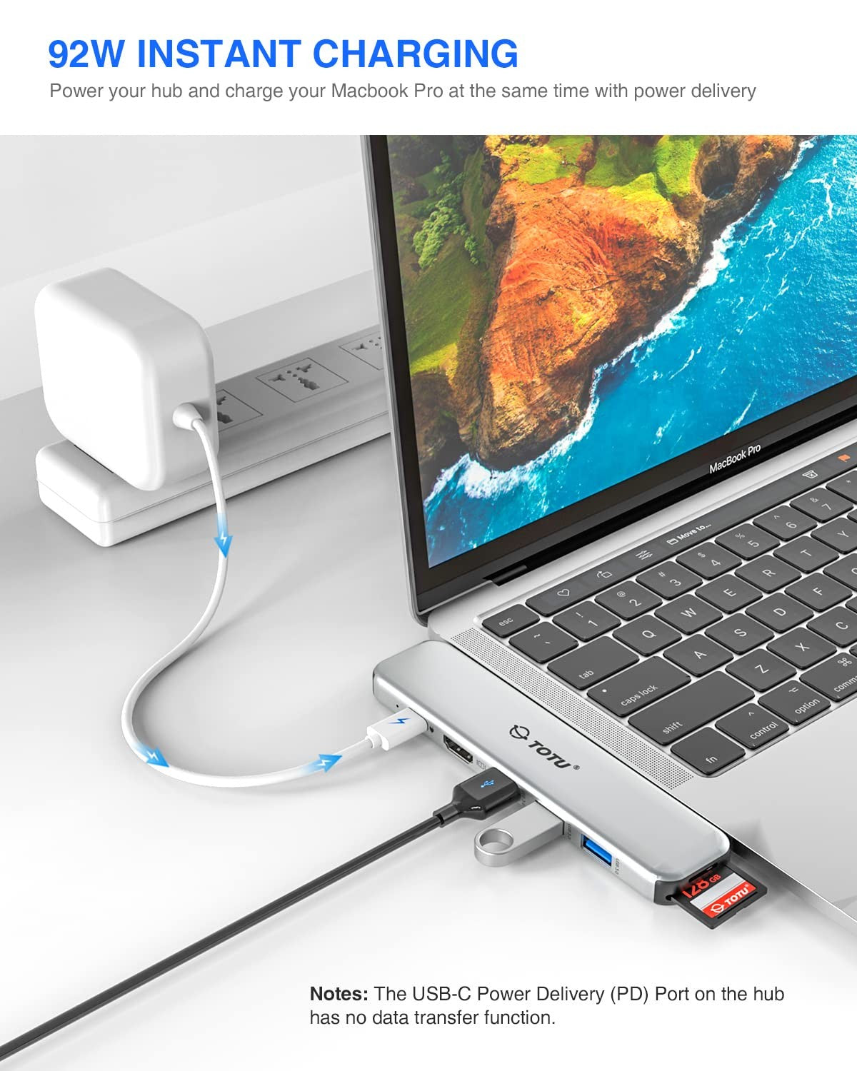 TOTU MacBook USB C hub multiport adapter with dual HD display and 8-in-2 docking station for MacBook laptops, showing ports and connections.