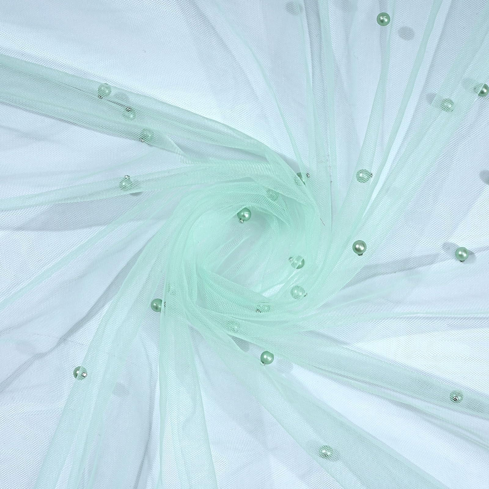Light green pearl tulle fabric by B-COOL, 10 yards of sheer mesh textile suitable for sewing, DIY crafts, and craft projects.