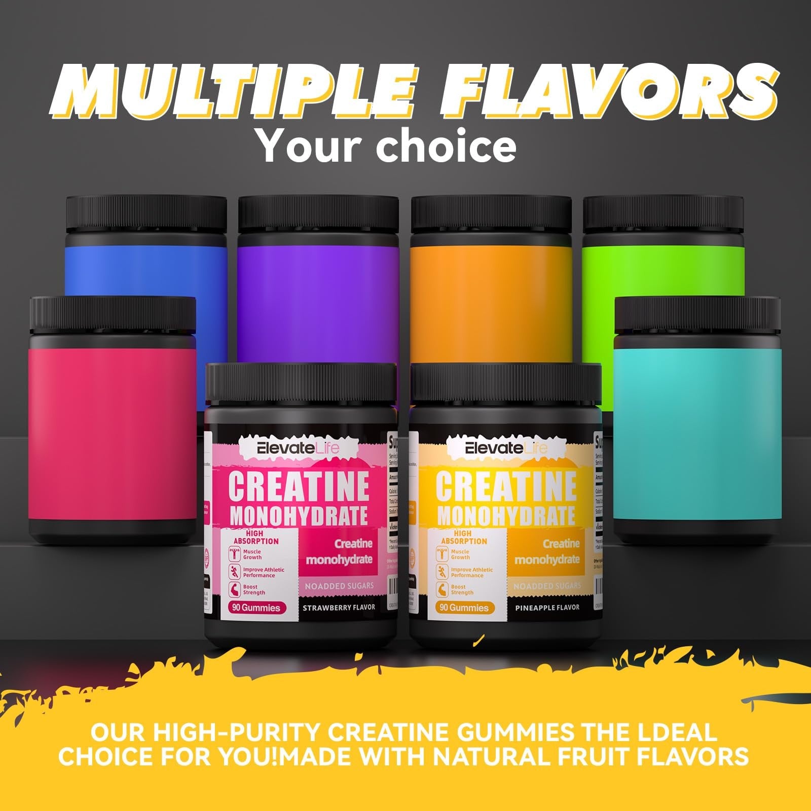 ElevateLife Creatine Monohydrate Gummies in a bottle, showing orange chewable gummies for muscle support and energy.