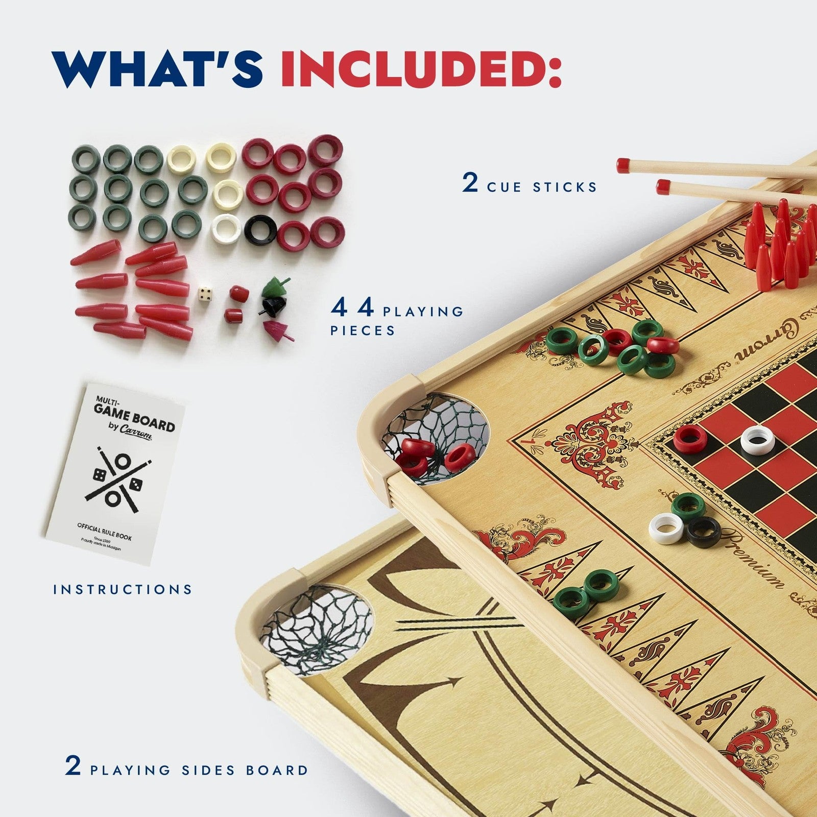 Carrom brand large carrom board game set with striker and coins, suitable for adults and children, indoors on a wooden table.