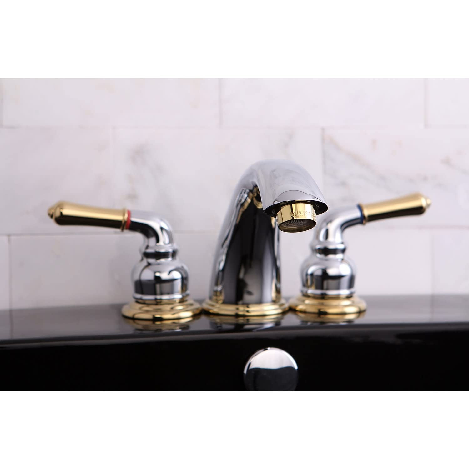 Kingston Brass Magellan widespread bathroom faucet in polished finish with retail pop-up drain assembly, modern and durable design.