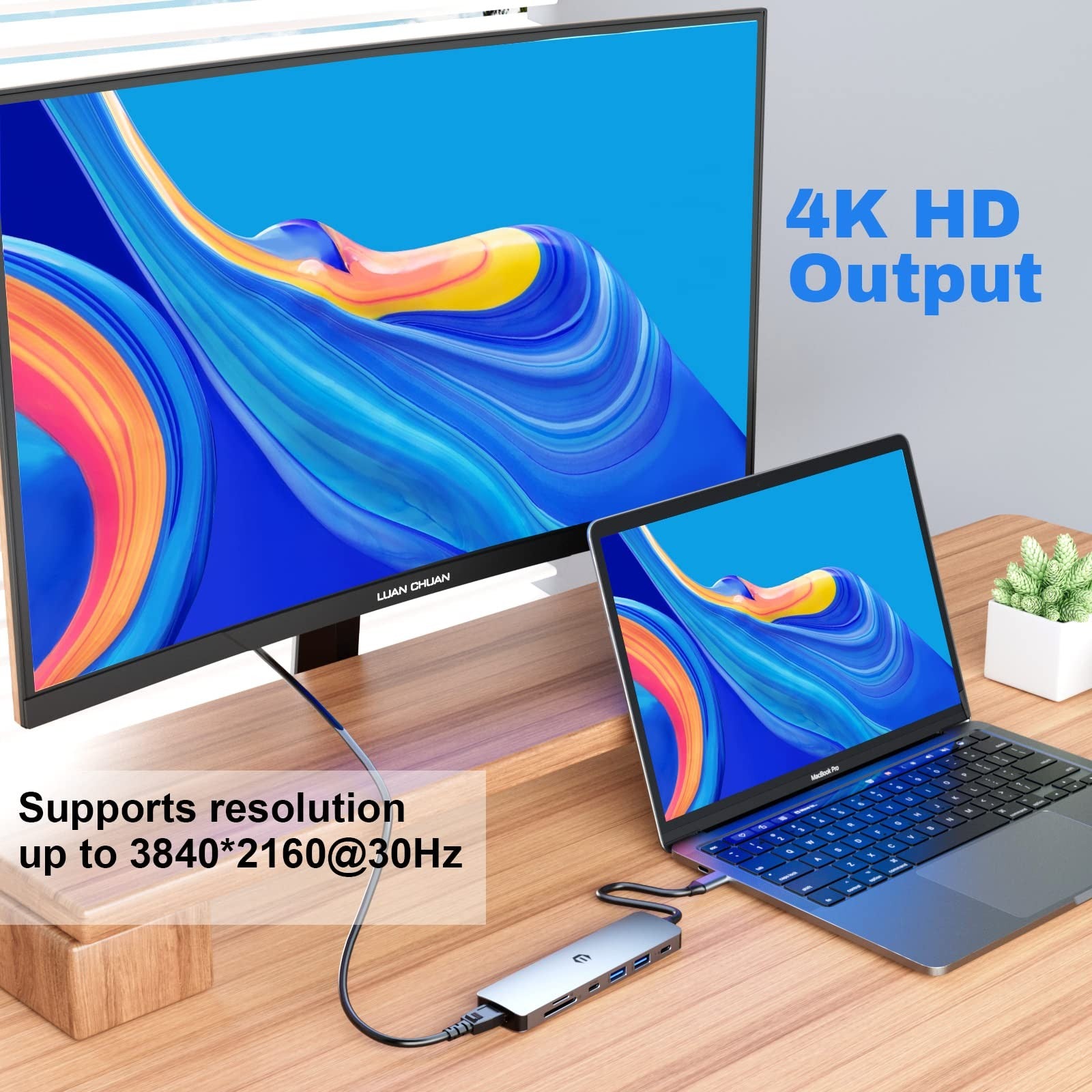 TOTU USB C Hub 7-in-1 dock with 4K HDMI, two USB 3.0 ports, USB C 3.0, and 100W power delivery in black.
