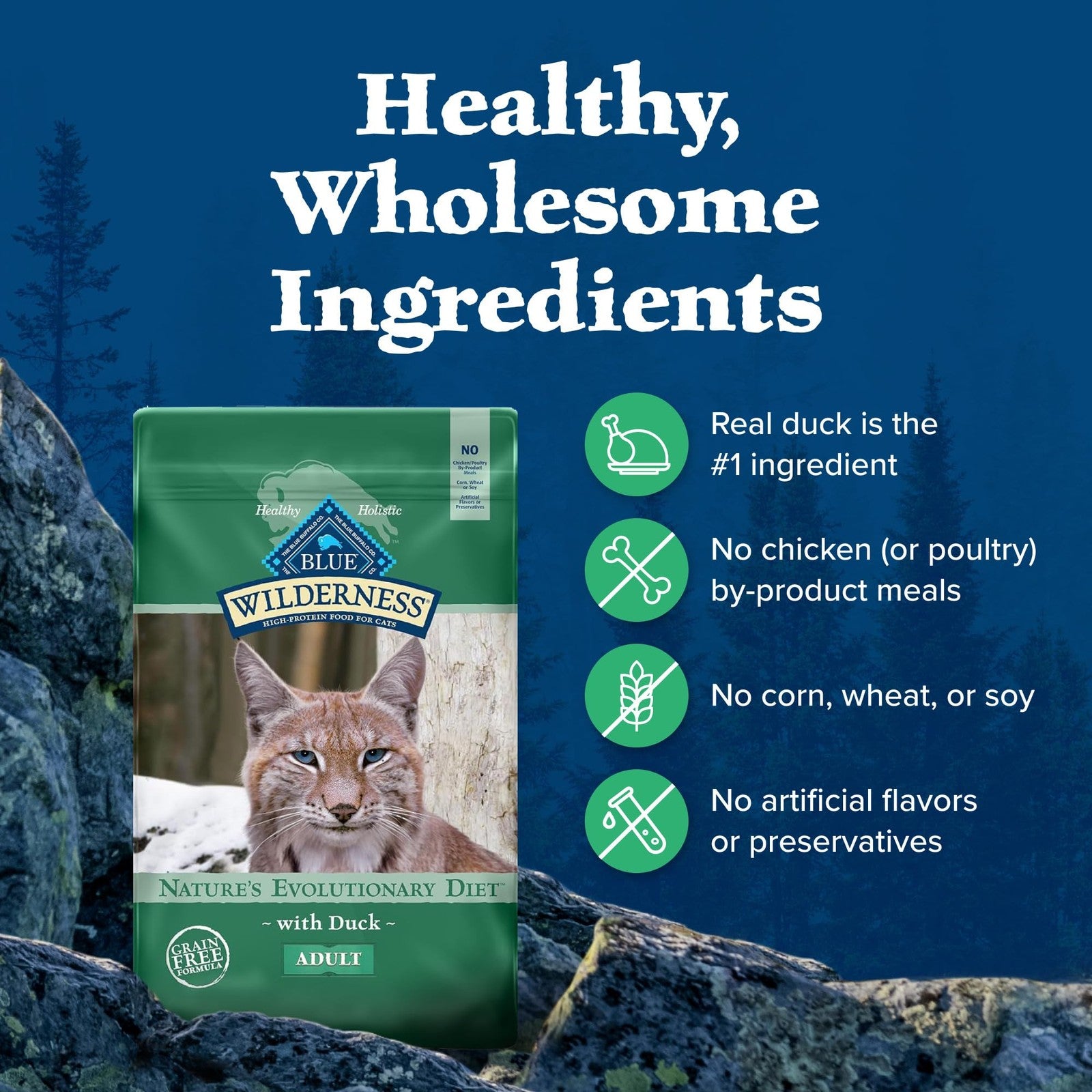 Blue Buffalo Wilderness adult dry cat food bag with duck recipe, high-protein natural cat food for active cats.