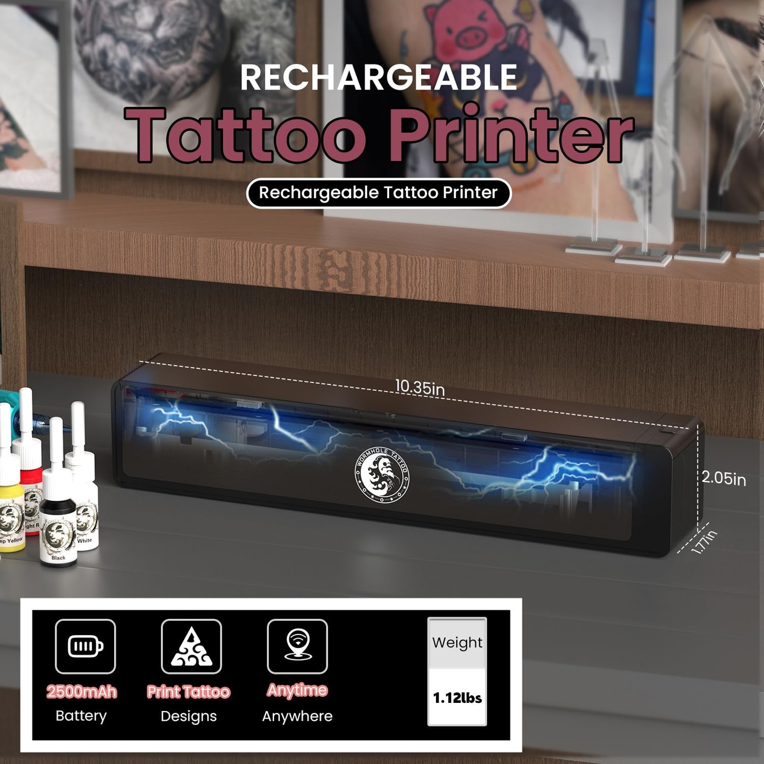 Wormhole Tattoo stencil printer with wireless Bluetooth, portable design, 2,500mAh battery, suitable for tattoo stencil transfers.