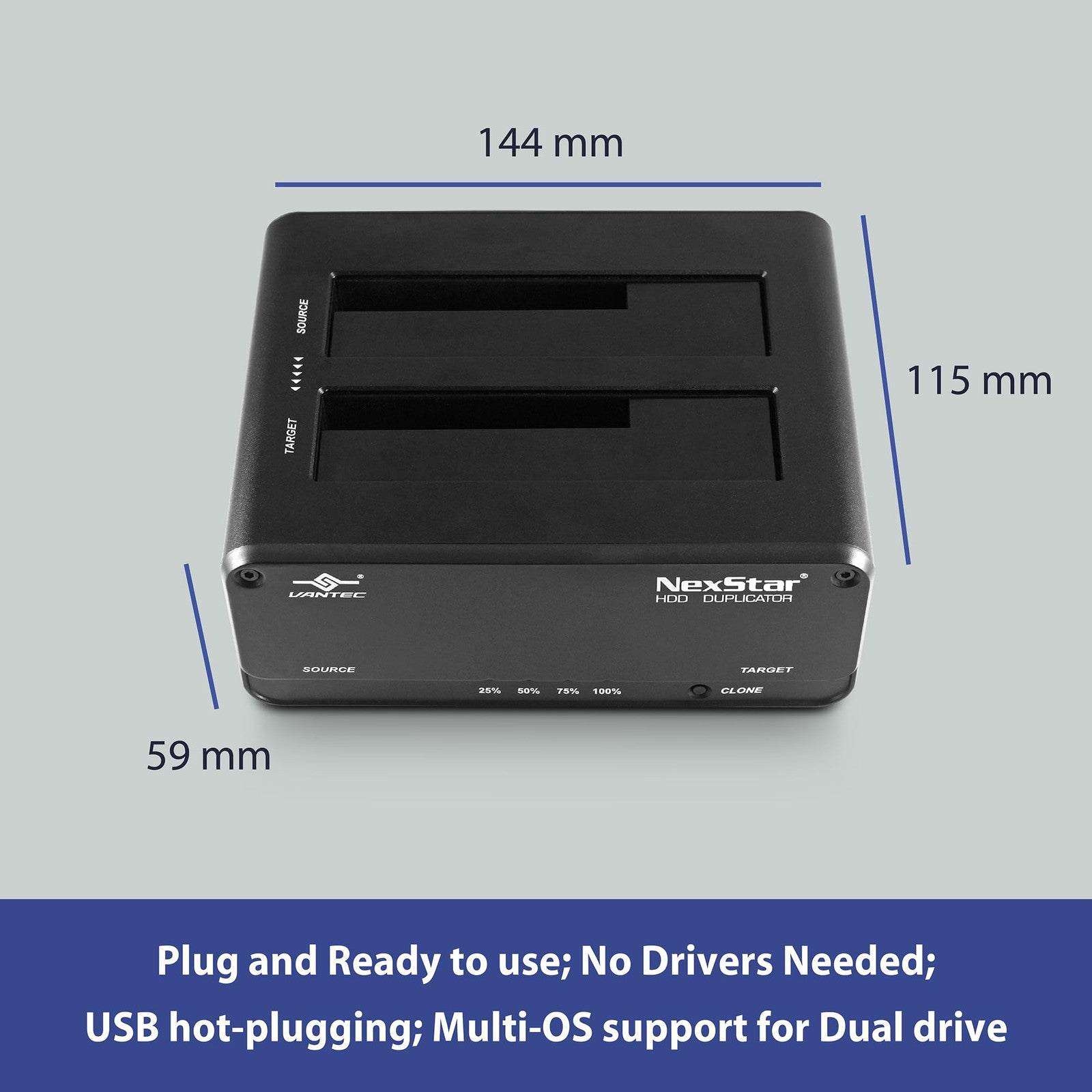 Vantec NexStar JX USB 3.2 Gen1 dual bay SATA III drive dock with clone function, shown with two hard drives inserted.