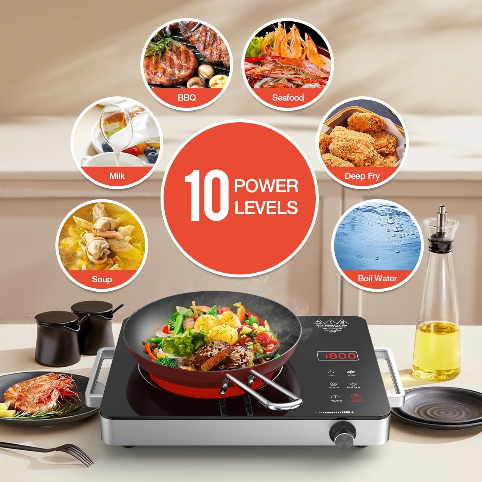 Portable GTKZW electric cooktop with 1800W single burner, black ceramic surface and power plug for easy cooking setup