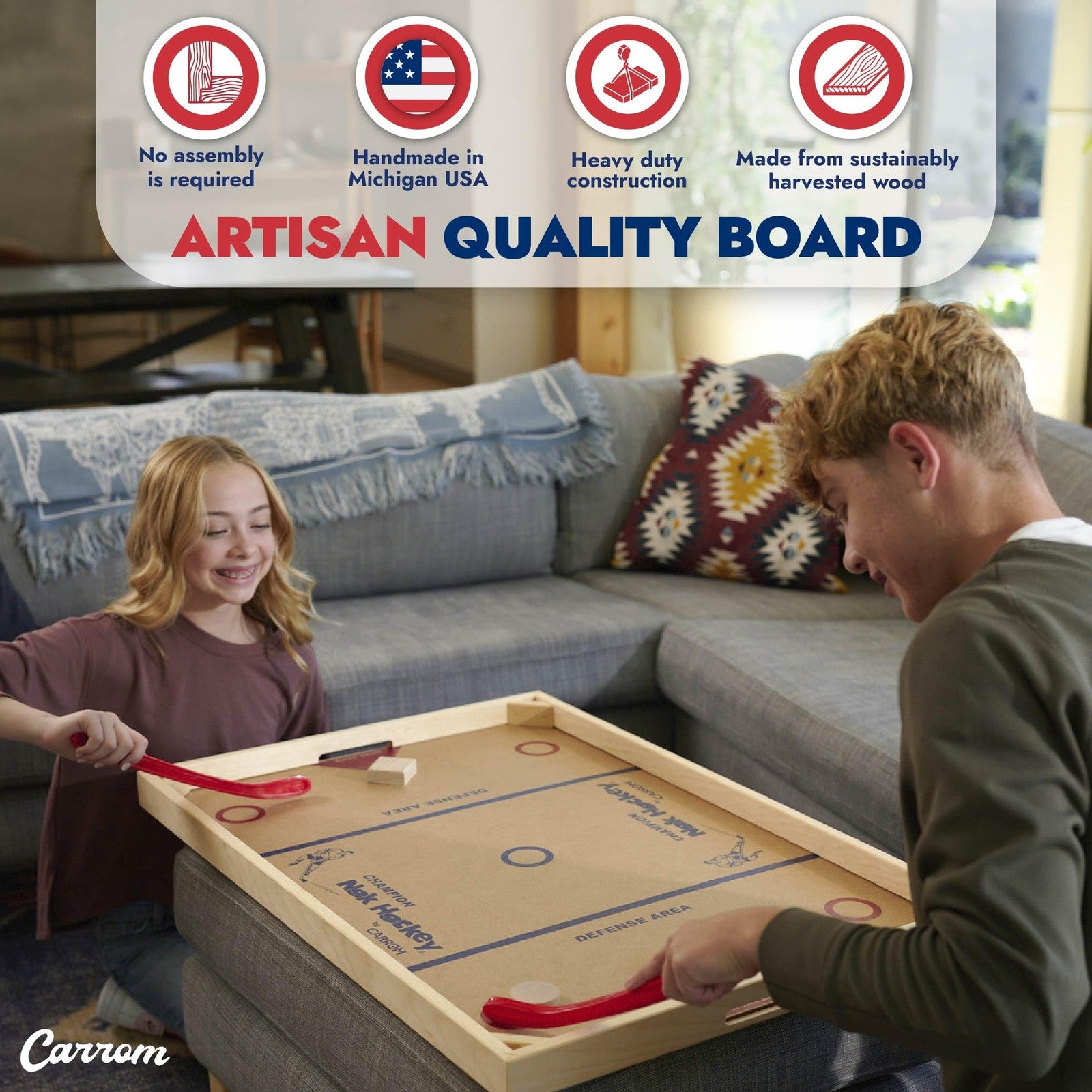 Carrom Champion Nok Hockey game with wooden board, standard size, suitable for adults, featuring hockey pucks and goal slots.