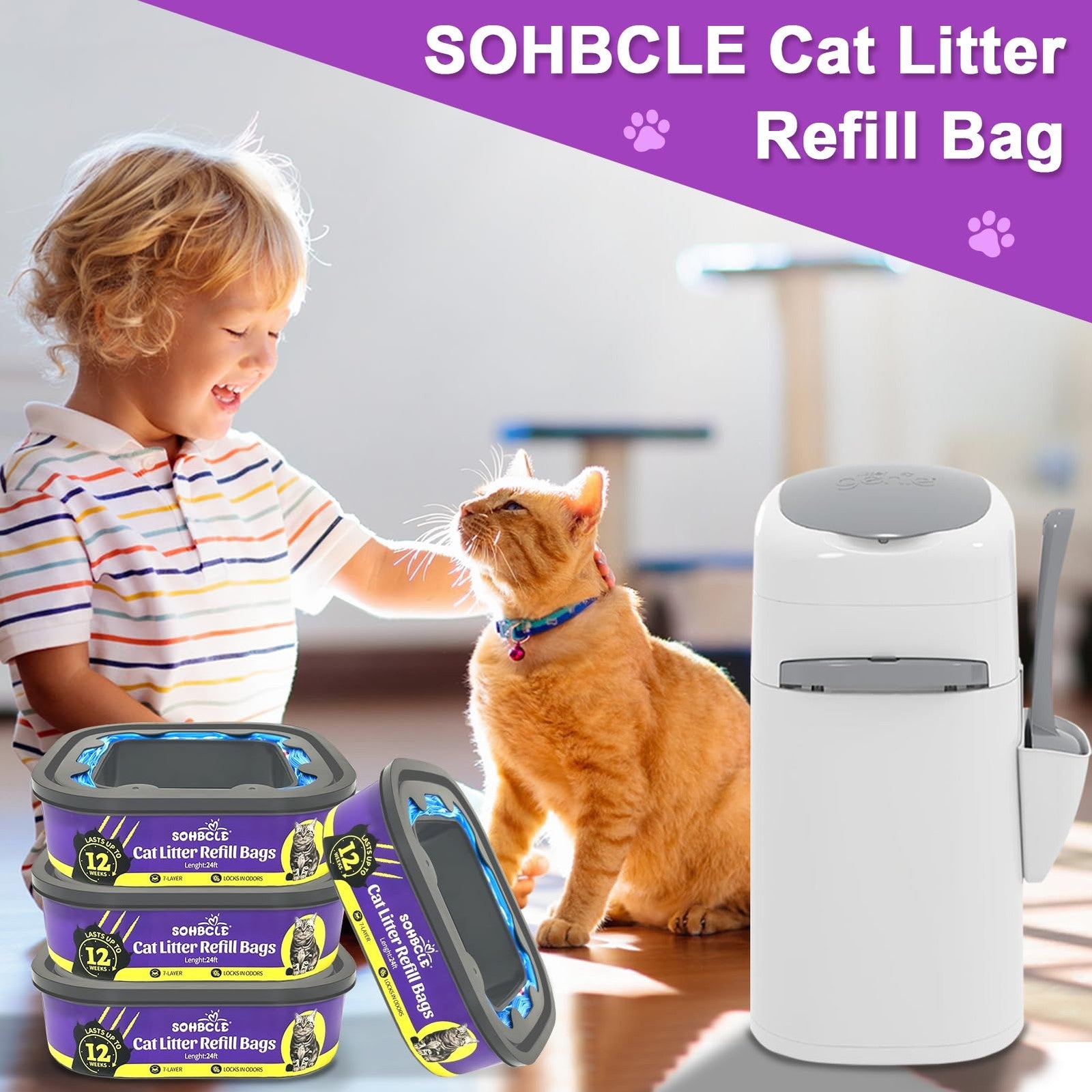SOHBCLE upgraded cat litter refill bags 8-pack cartridges compatible with Genie Cat Litter, showing neatly packed cartridges in a box.