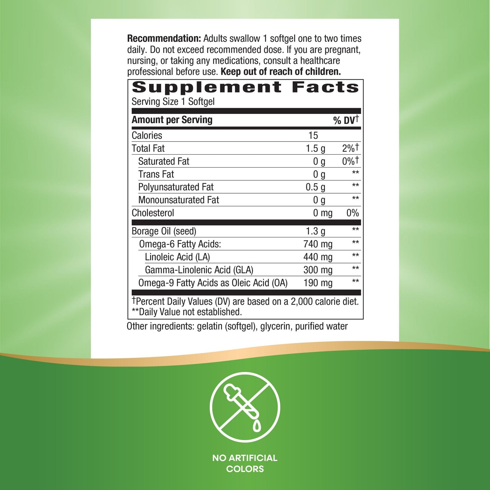 Nature's Way Borage Oil supplement bottle with label showing cold-pressed, unrefined Borage Oil, 300 mg GLA, 44 softgel capsules