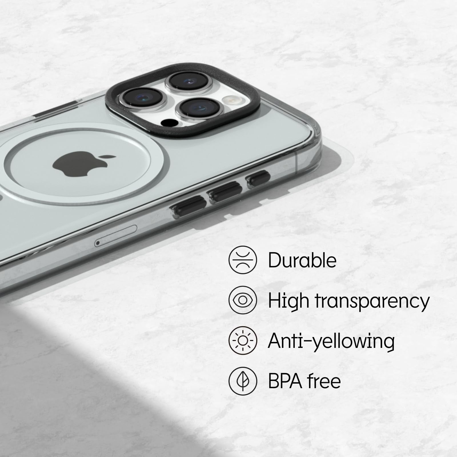 RhinoShield Clear MagSafe case for iPhone 15 Pro Max, transparent with 10ft drop protection and precise cutouts.
