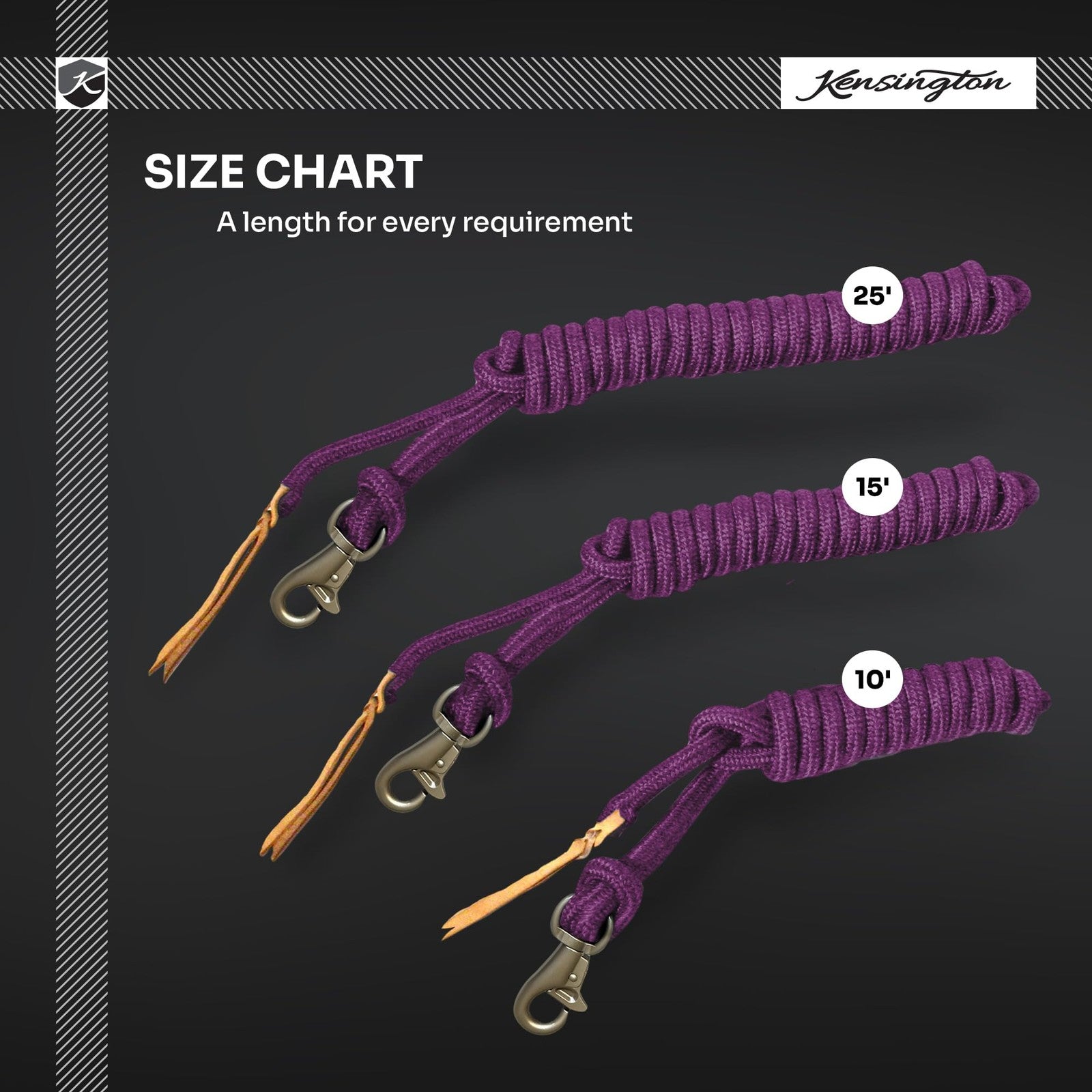 Equine training lead rope by Kensington Protective Products, durable nylon with metal clip for horse handling and training.