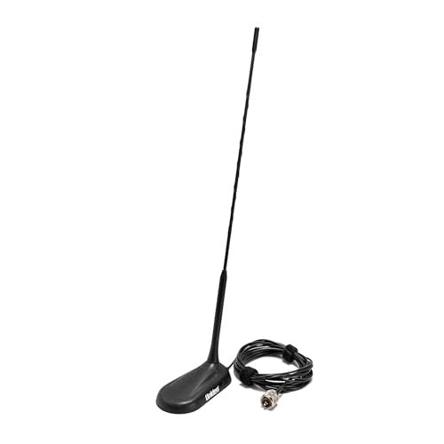 Uniden magnetic mount 18-inch CB radio antenna with low profile aerodynamic design, shown with mounting base and cable connection.