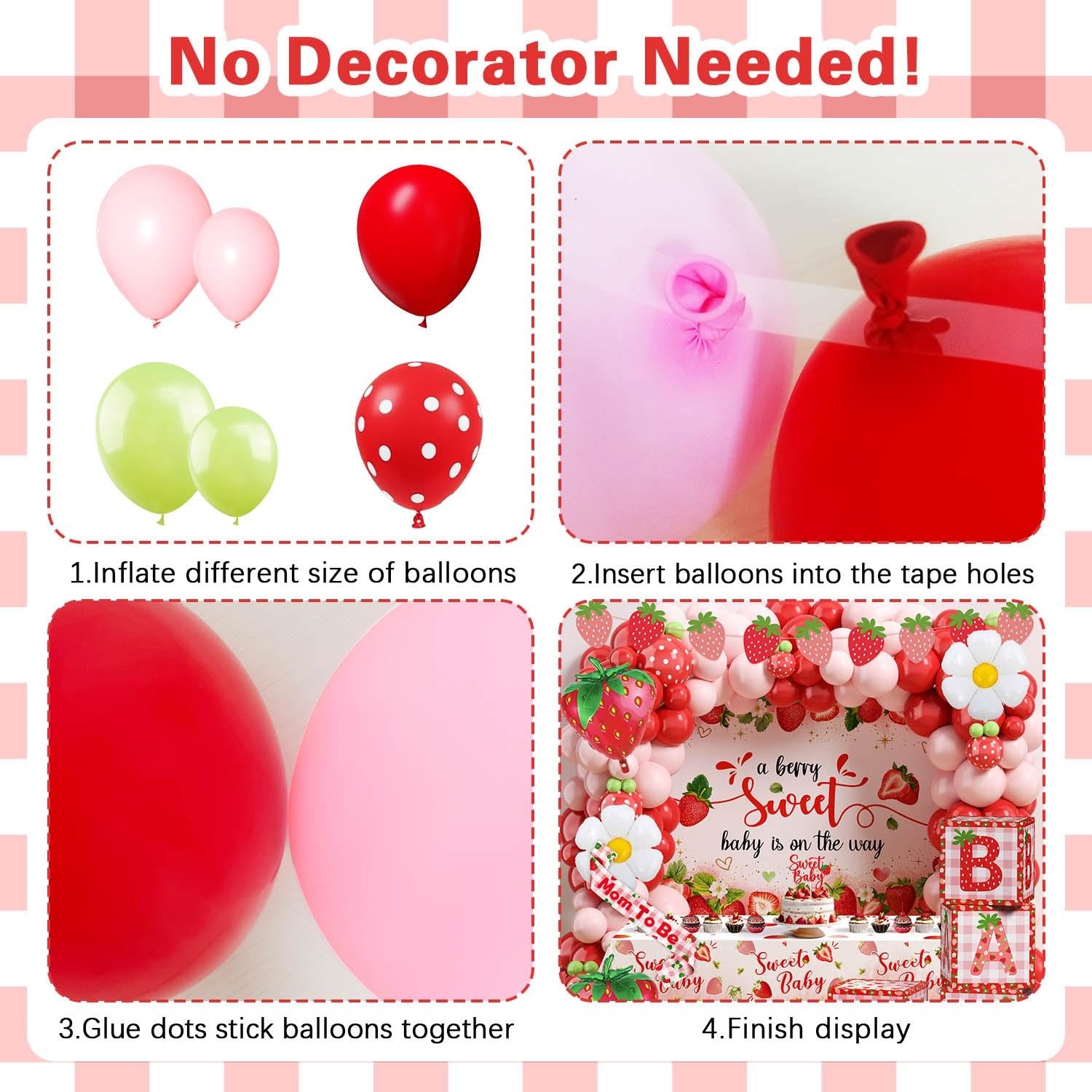Lopeastar 114-piece strawberry-themed baby shower decorations with balloons, boxes, arch banner, and sash, festive and colorful setup.