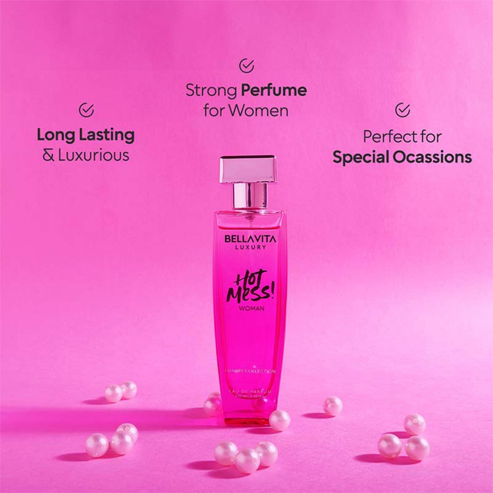 BellaVita Hot Mess perfume for women, 100ml Eau de Parfum bottle with luxurious fragrance and elegant packaging.