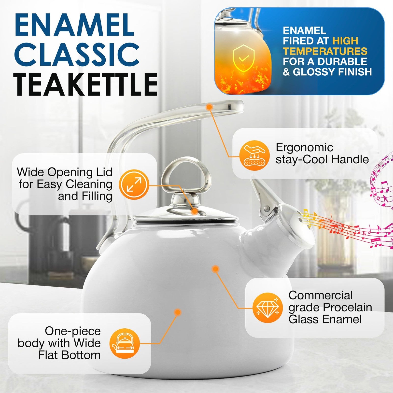 Chantal Classic 1.8 QT teakettle with enamel on steel, two-tone harmonica whistle, featuring a sturdy handle and spout.