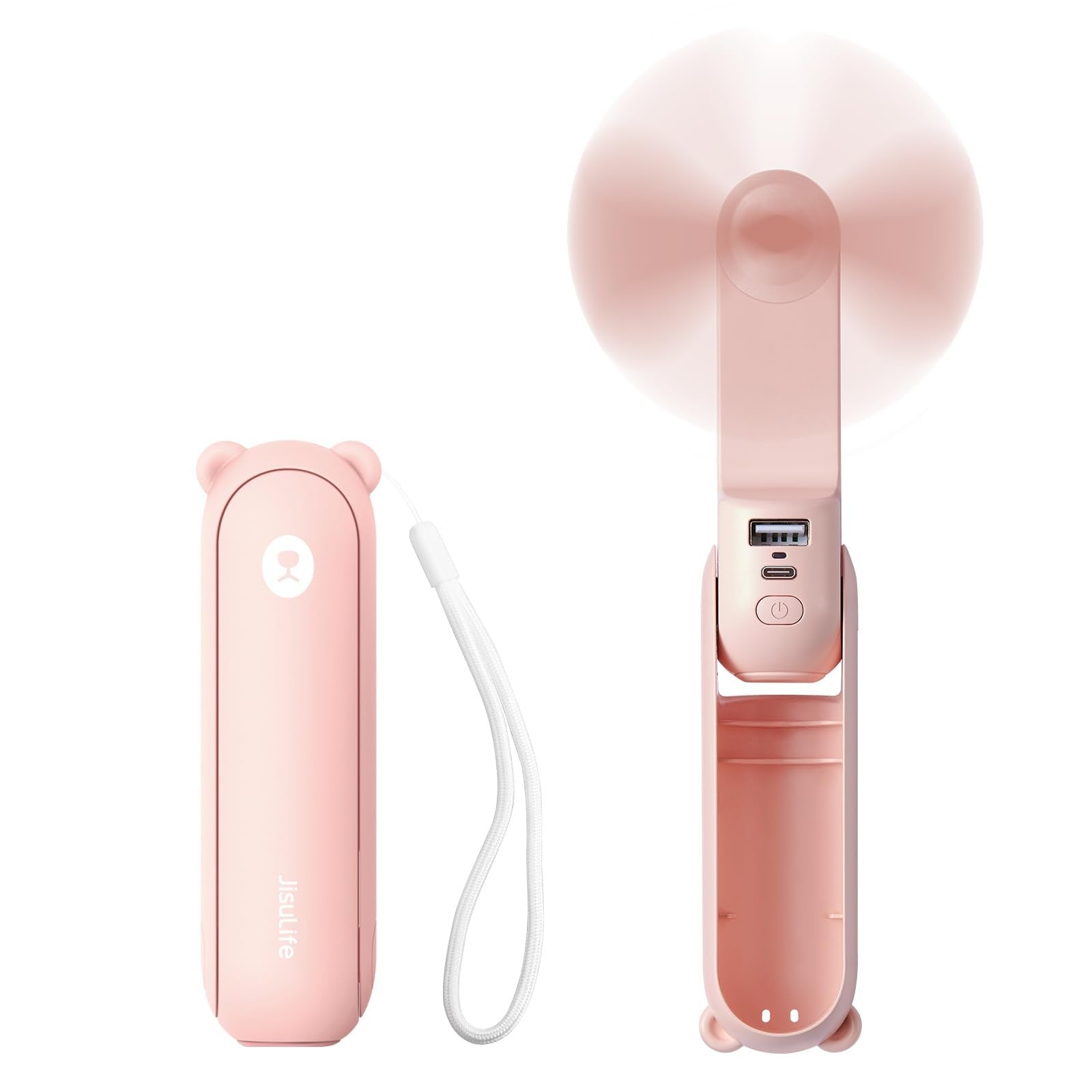 JISULIFE handheld mini fan with 3-in-1 design, USB rechargeable, portable power bank, and flashlight in a compact size.