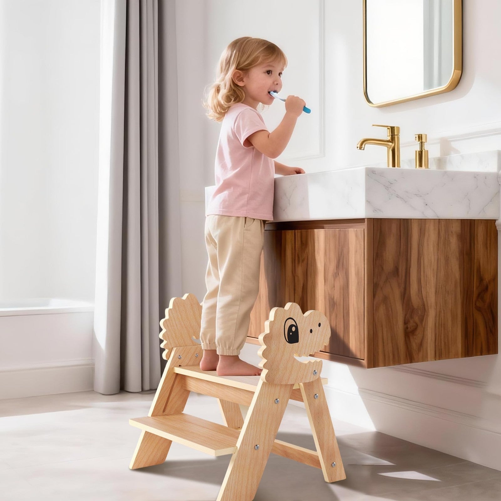 Novarieth beech wooden toddler 2-step foldable stool with handles, ideal for kids' height and stability in the bathroom or kitchen.