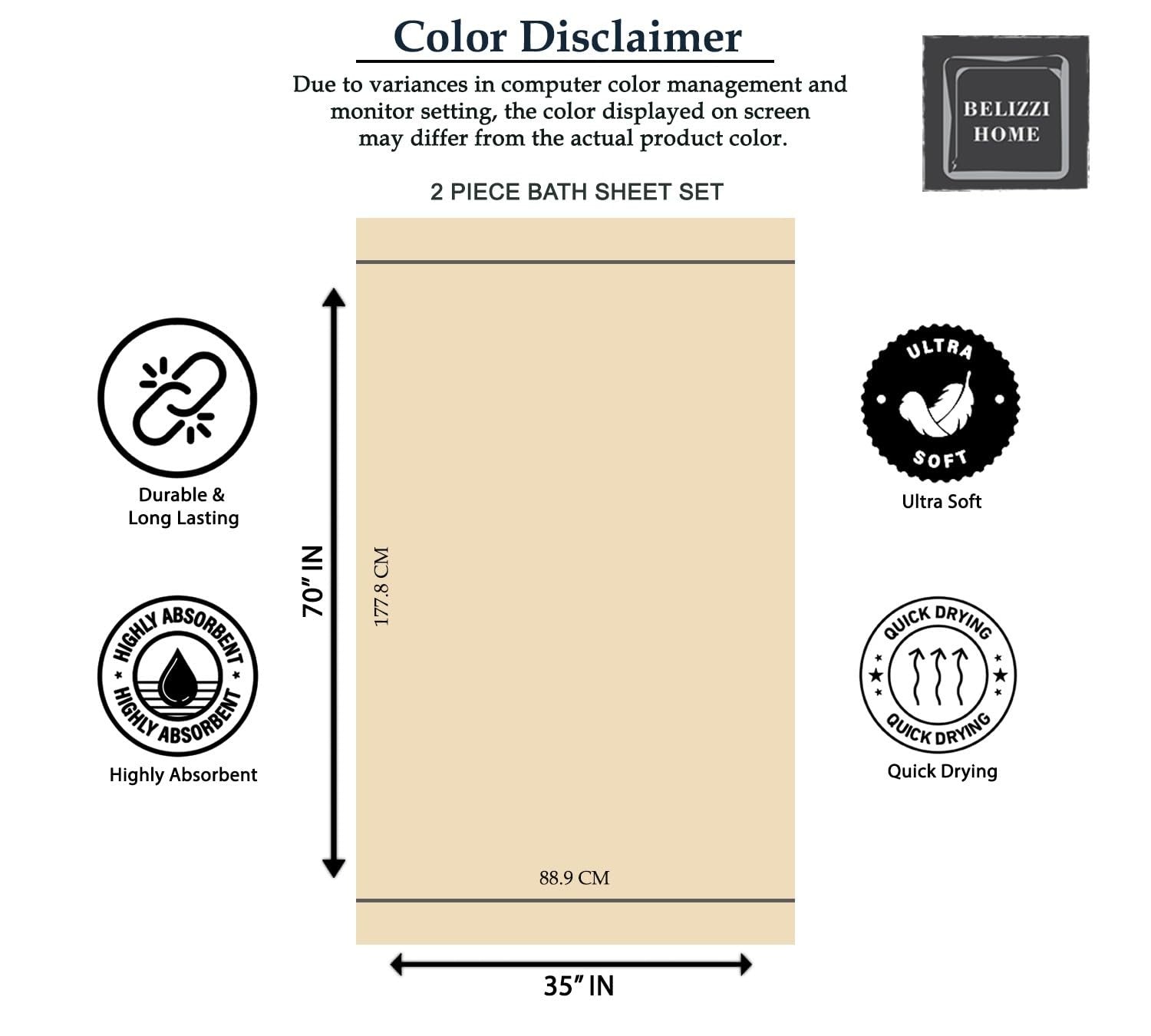 Belizzi Home premium cotton bath sheet set with two oversized 35x70-inch pure cotton bath towels, soft and absorbent.
