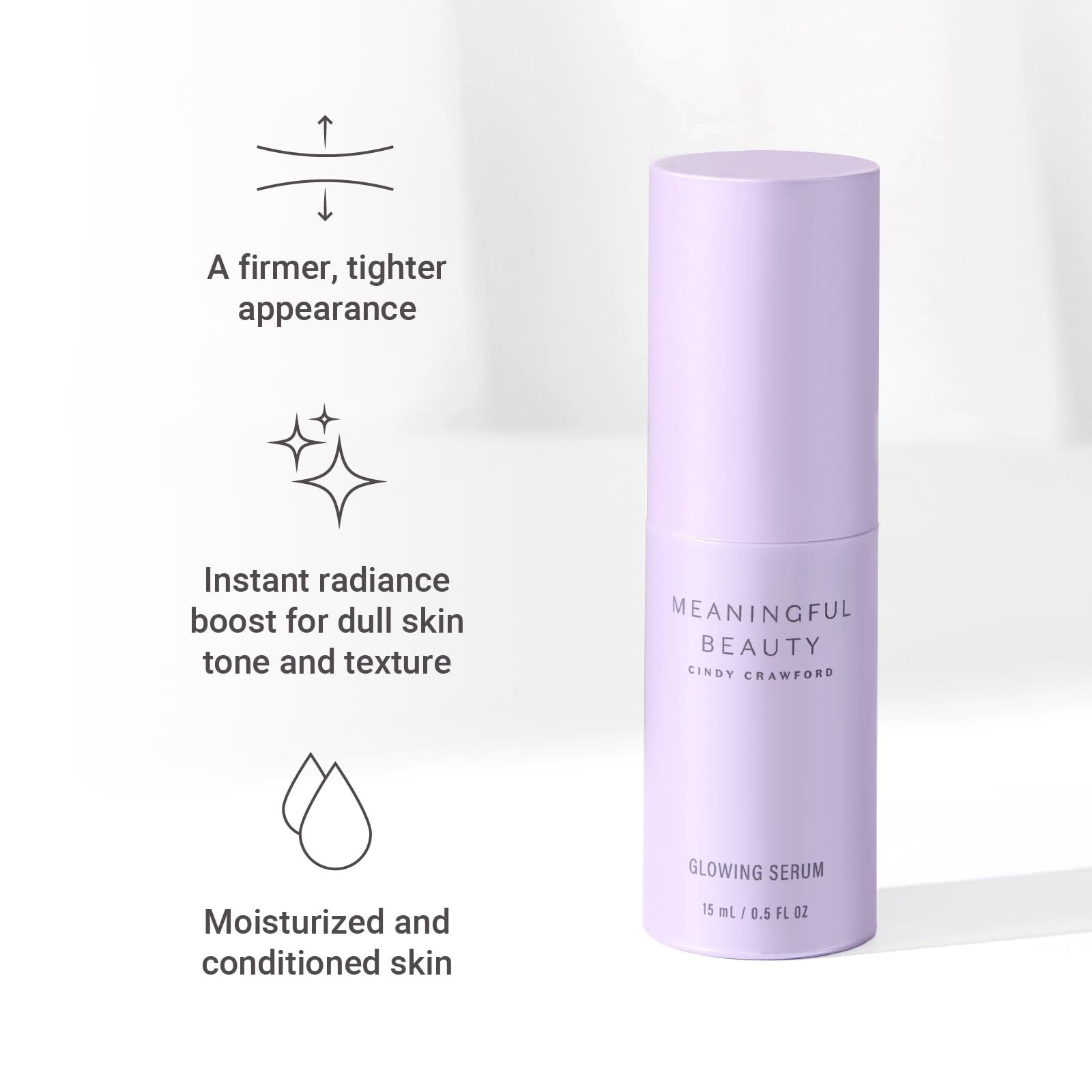 Meaningful Beauty Glowing Serum in 0.5 Fl Oz bottle, featuring a clear glass container with a dropper cap and golden accents.