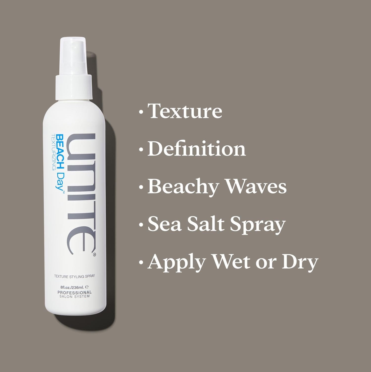 UNITE Beach Day Sea Salt Spray for tousled, textured hair with added thickness, showcasing a spray bottle and styled hair.