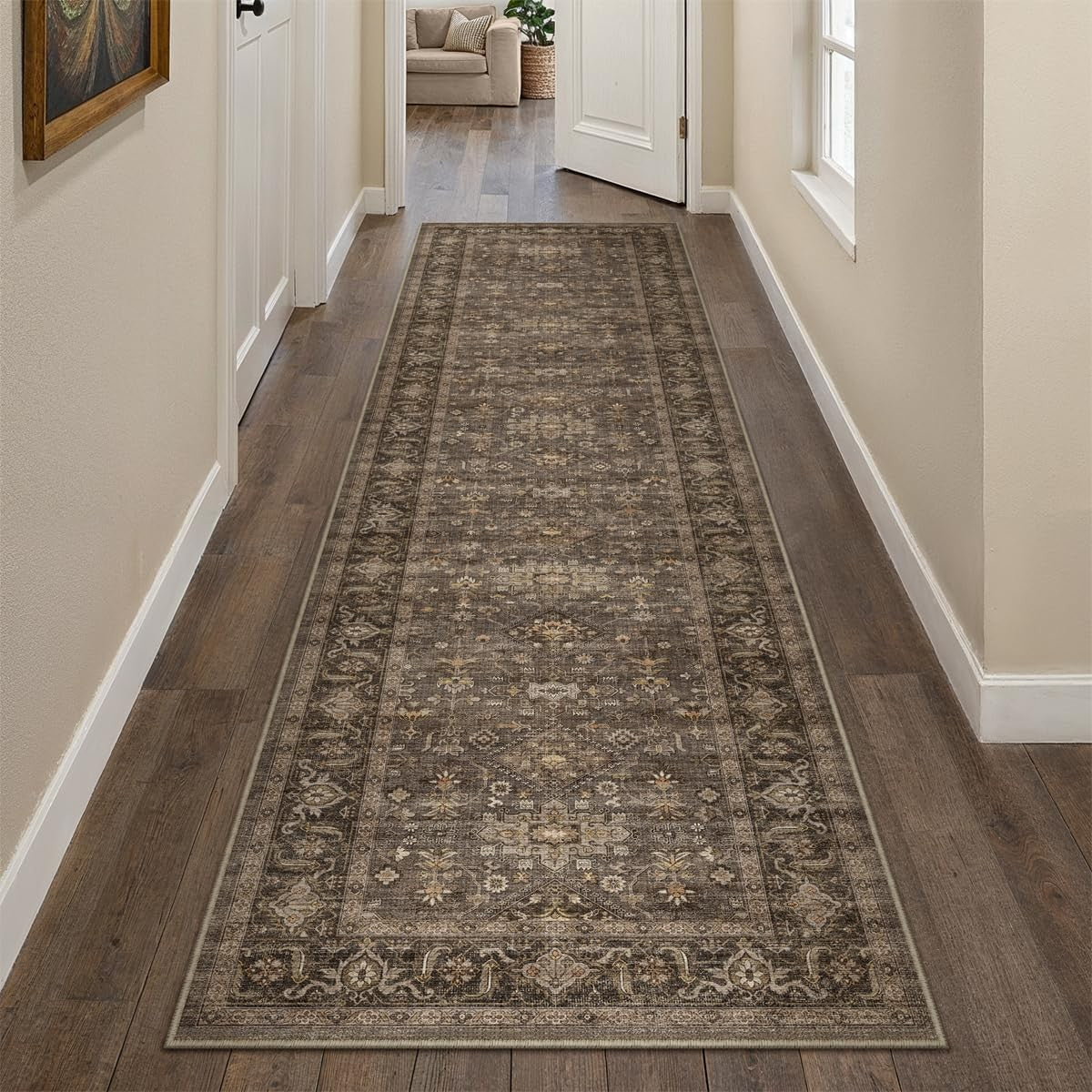 WondRg 2x12 washable vintage brown hallway and kitchen runner rug with non-slip backing, ideal for low-pile indoor use.