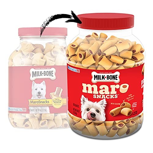 Milk-Bone MaroSnacks dog treats bundle with a 40-ounce canister and two refill packs, featuring crunchy dog treats in a resealable container.
