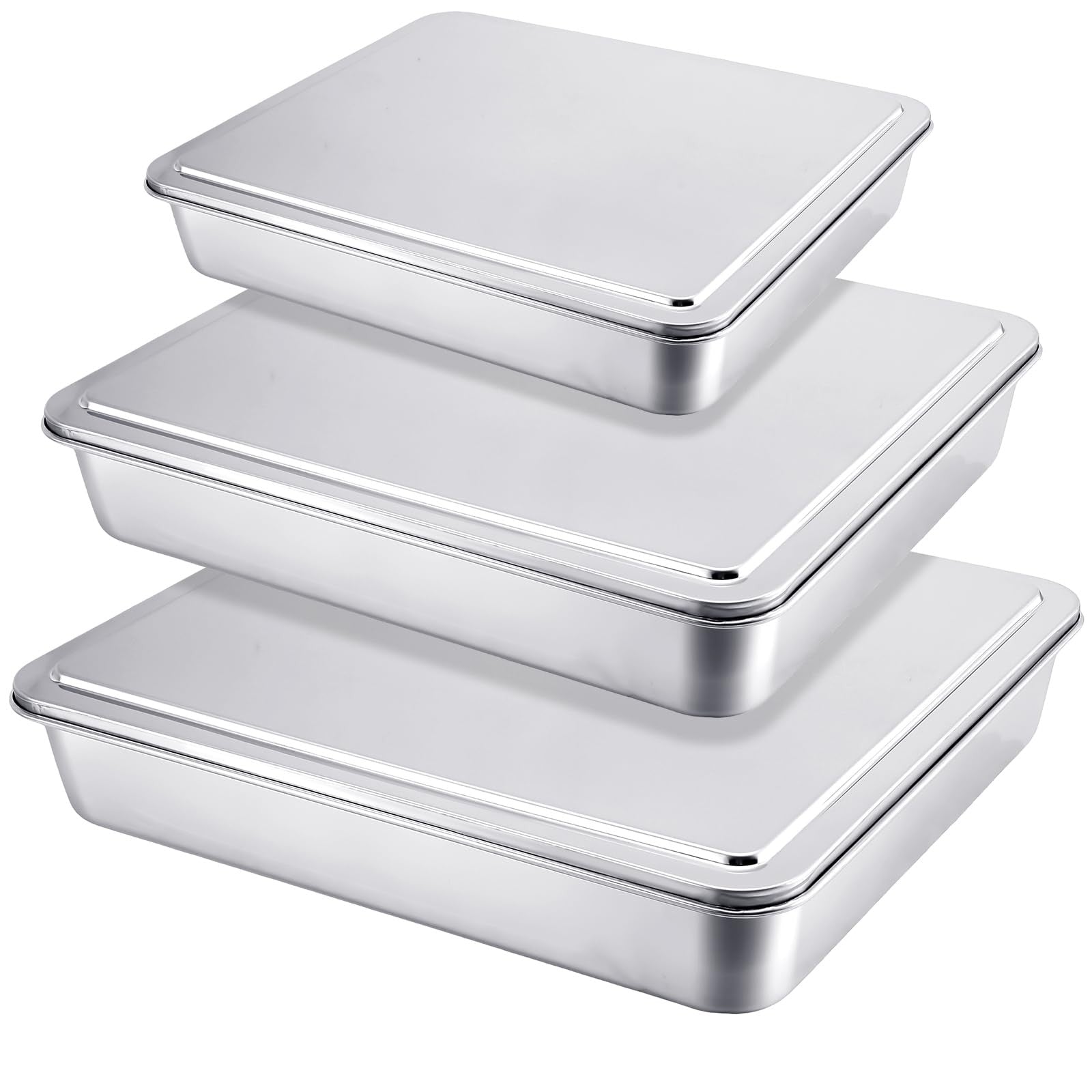 Tioncy stainless steel cake pan set with lids, includes 13, 11, and 9-inch rectangular baking sheets with handles.