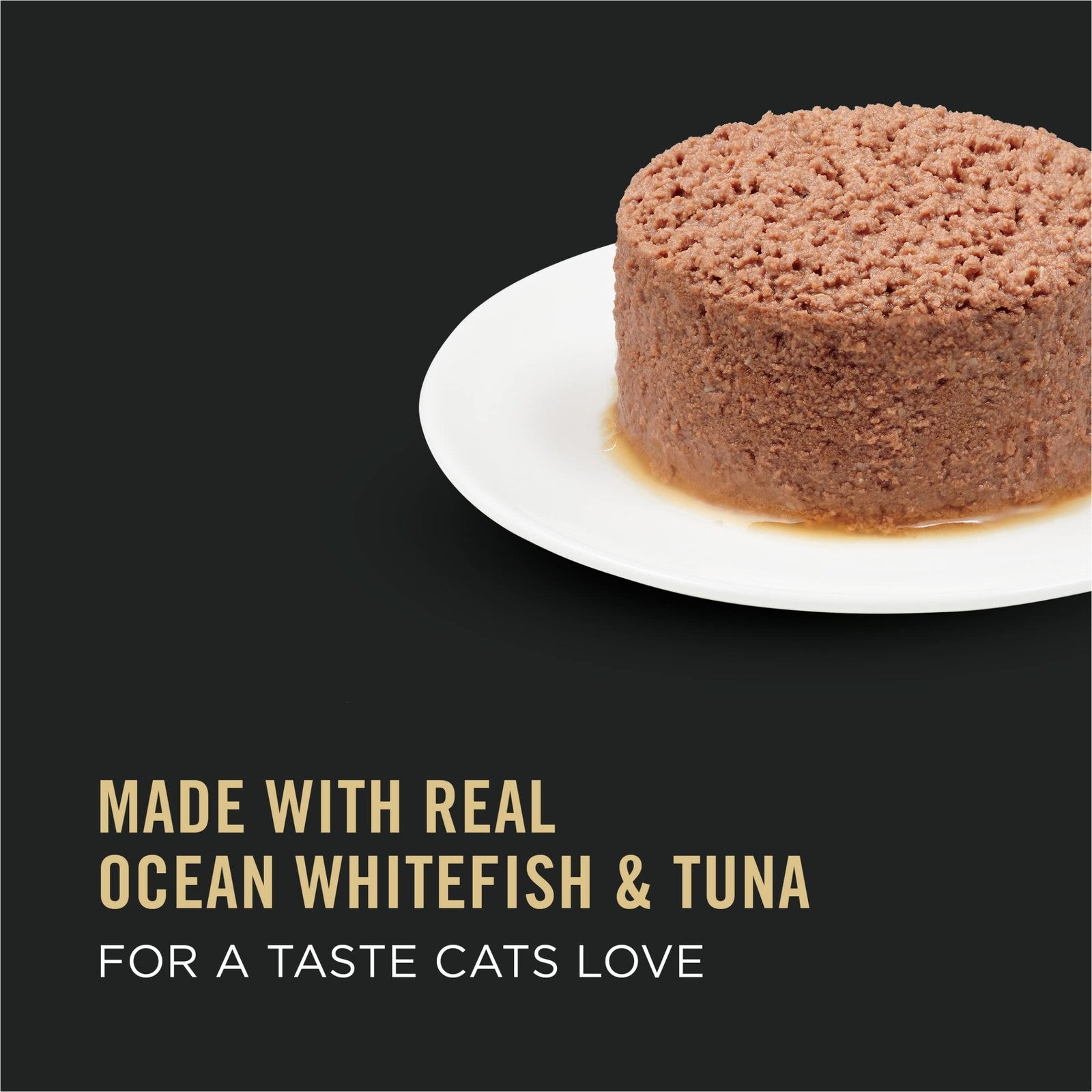 Canned Purina Pro Plan Grain Free Wet Cat Food Ocean Whitefish and Tuna Pate, 10 cans stacked with fish ingredients visible